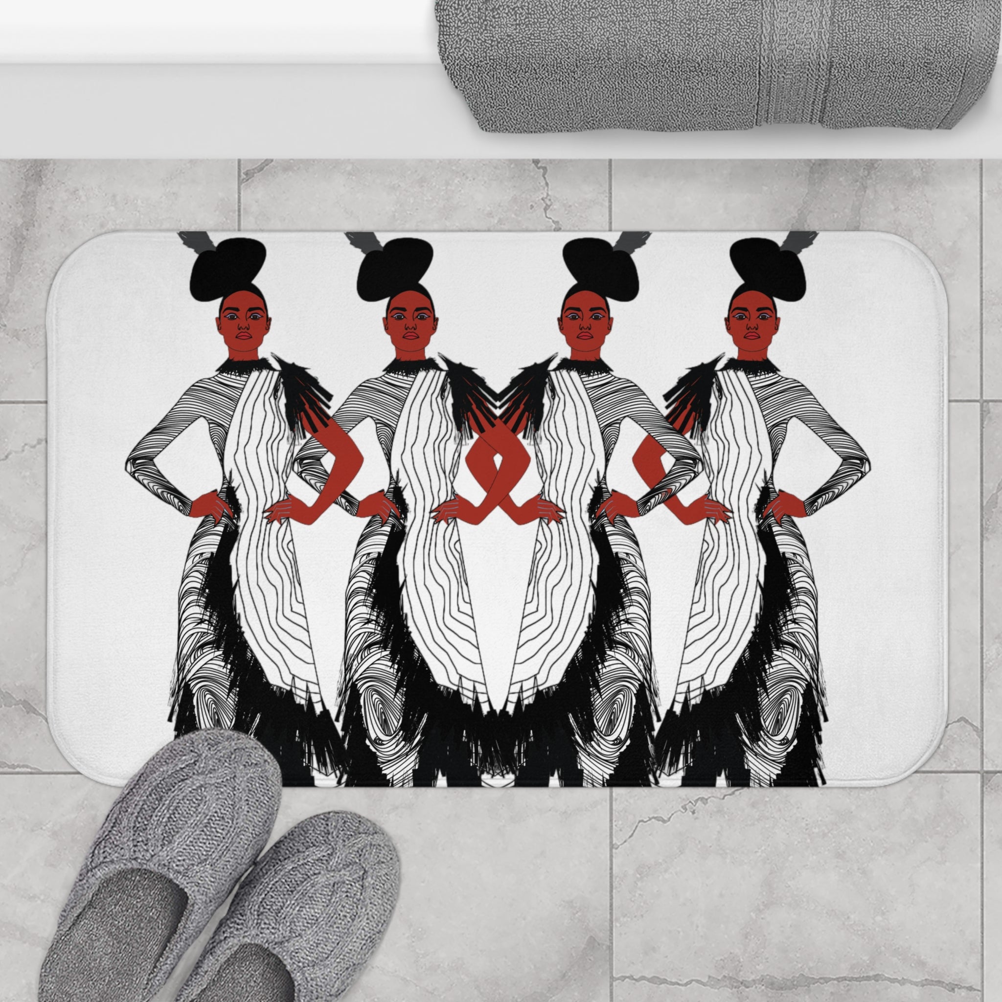 "Fierce Honey" Art Deco Fashion Bath Mat — Triple Silhouette Black & White Statement