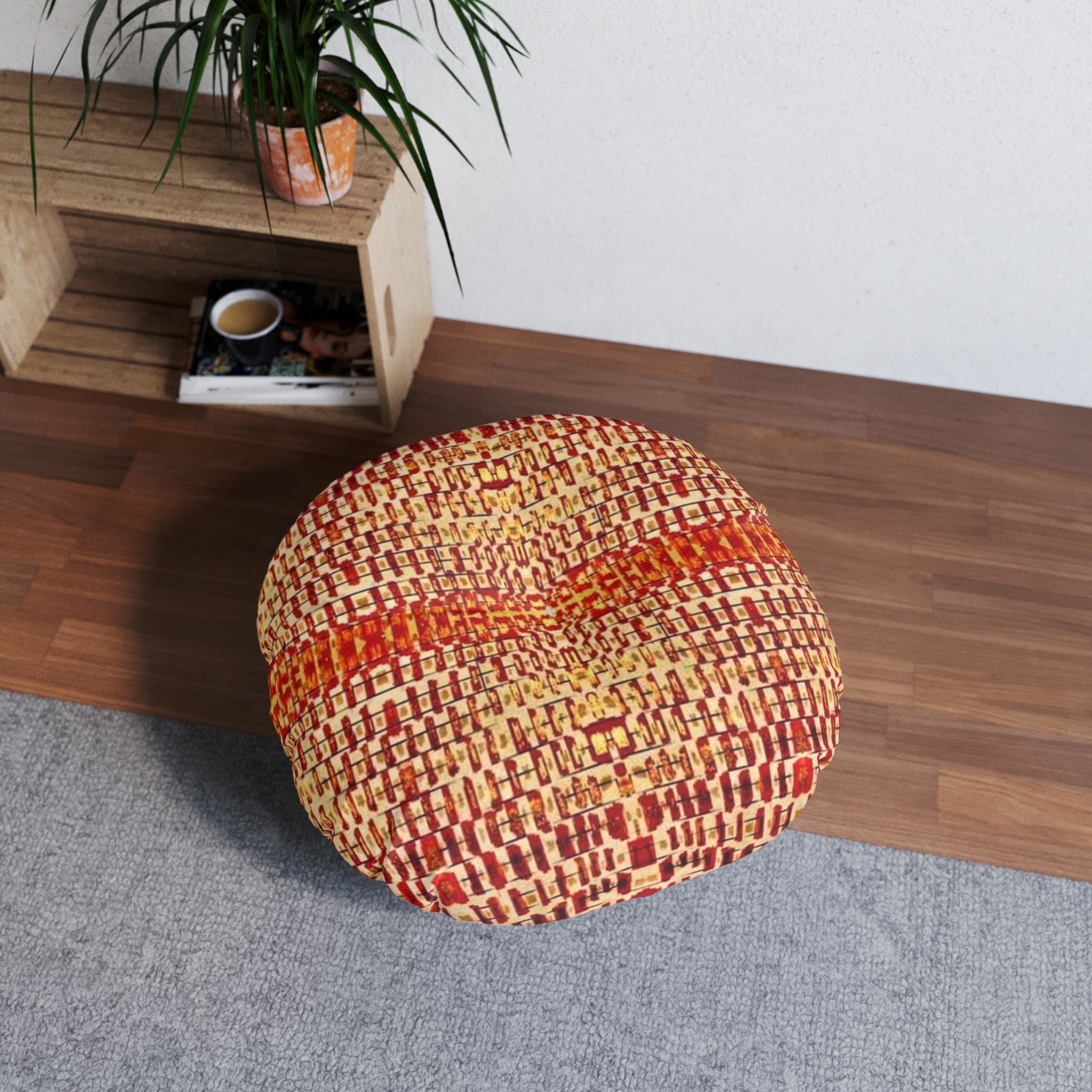 "Queen Mother" Boho Woven Round Tufted Floor Pillow — Rustic Orange Red Accent