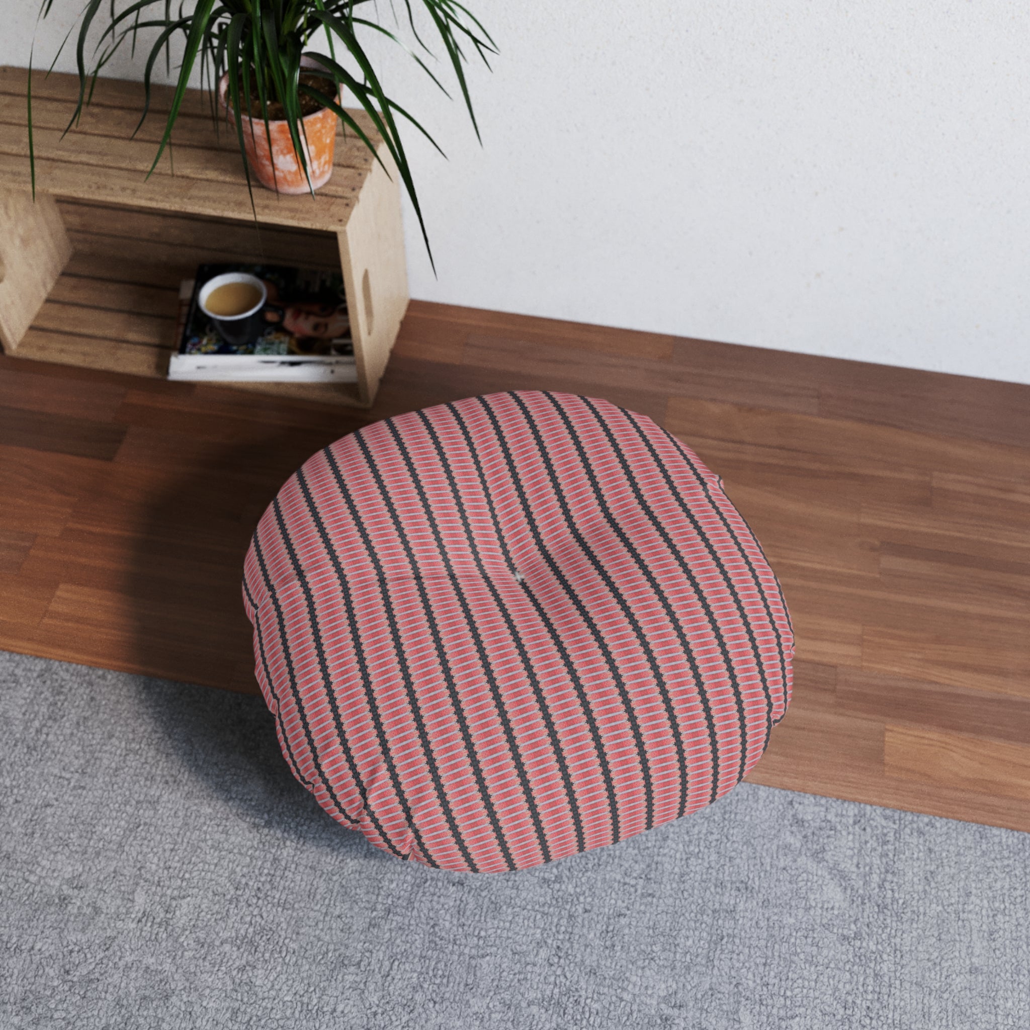 "The Nike of Samothrace" Round Tufted Floor Pillow — Pink Striped Boho Cushion
