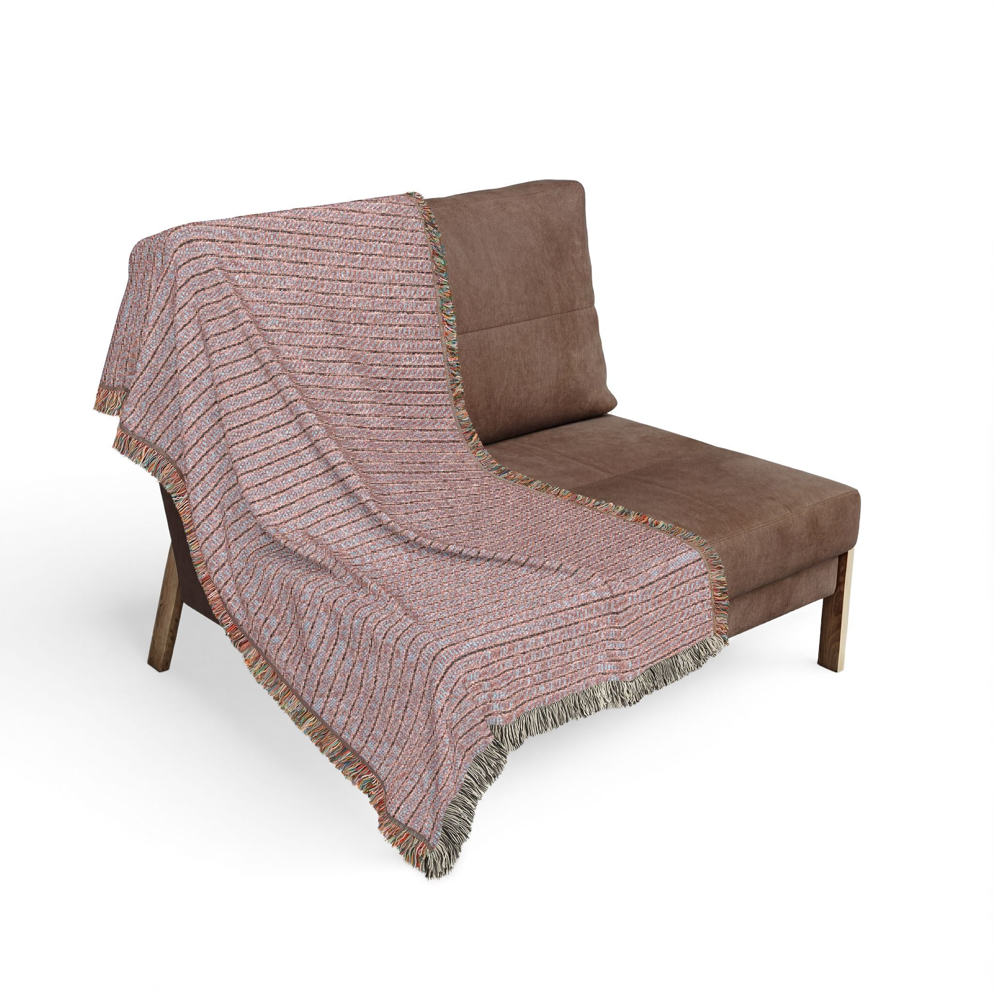 "The Nike of Samothrace" Coral, Grey, Blue Striped Woven Throw Blanket — Cozy Fringe Accent for Living Room & Bedroom
