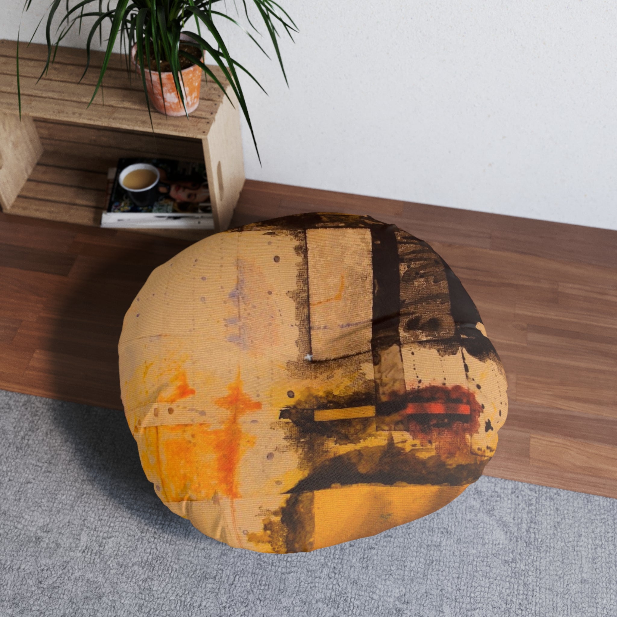 "Dance in the Rain" Abstract Ochre Tufted Floor Pillow — Round Boho Accent Cushion