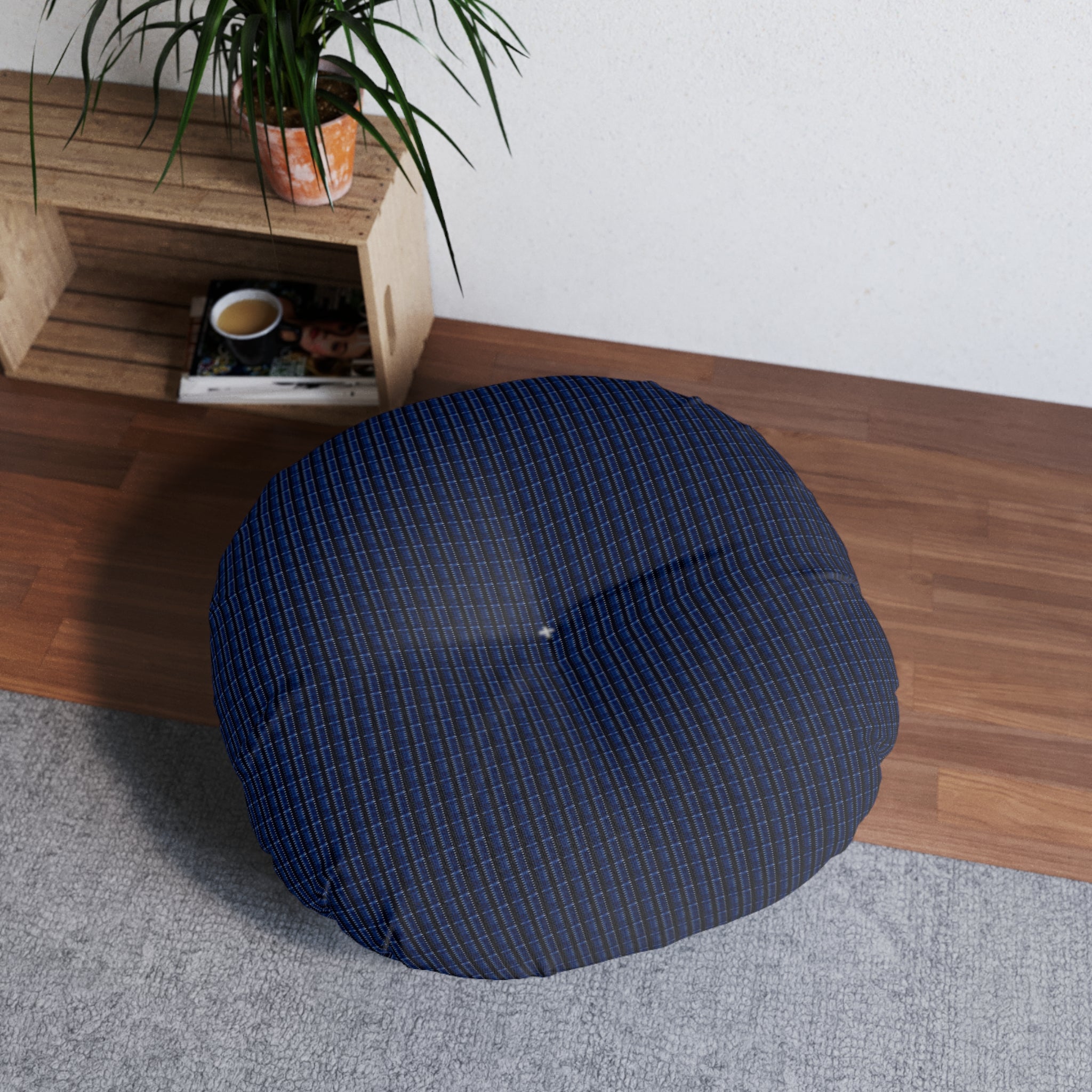 "Mississippi Midnight: Lovely Banjo Blues" Navy Tufted Round Floor Pillow — Cozy Quilted Boho Seating