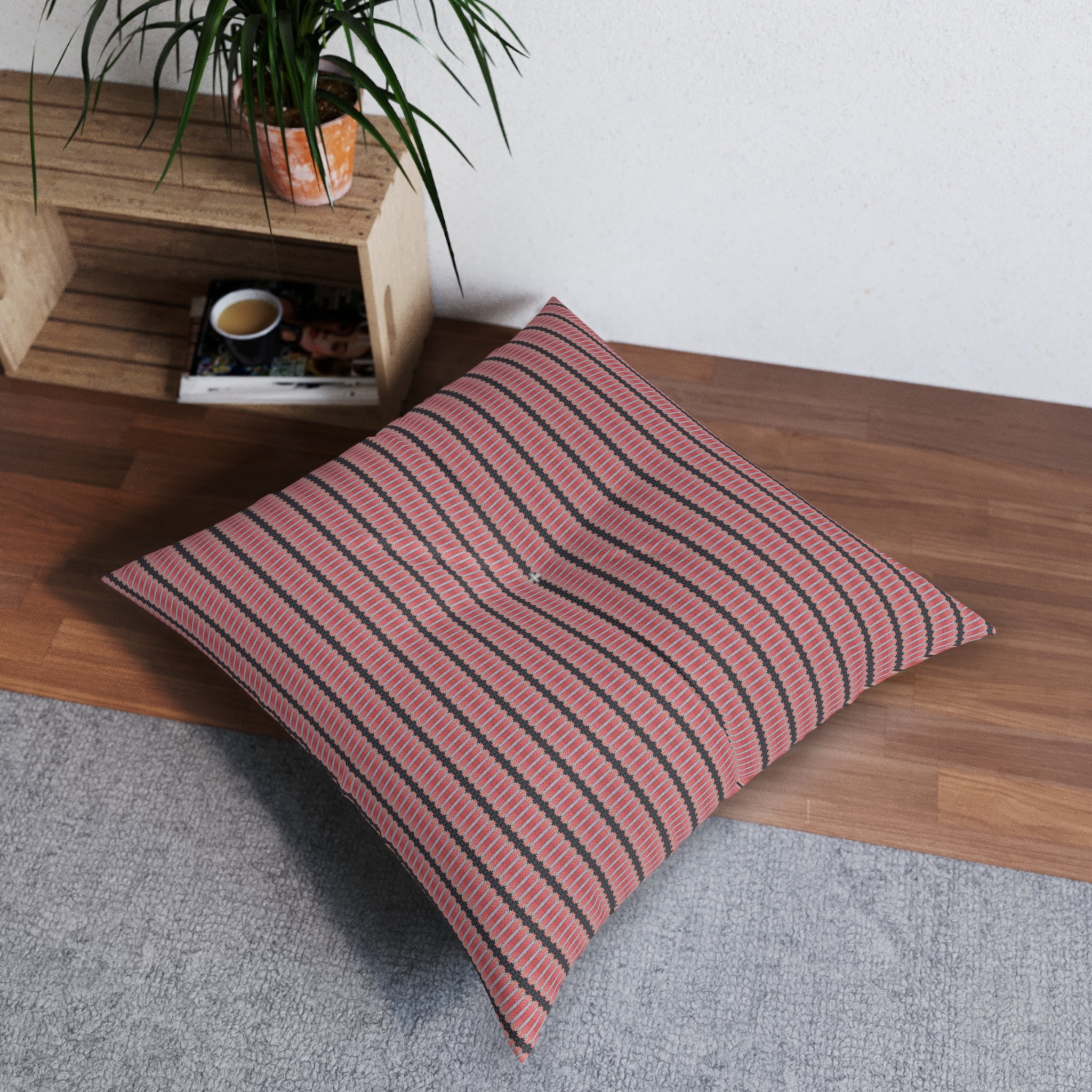 "The Nike of Samothrace" Coral Red and Grey Tufted Floor Pillow