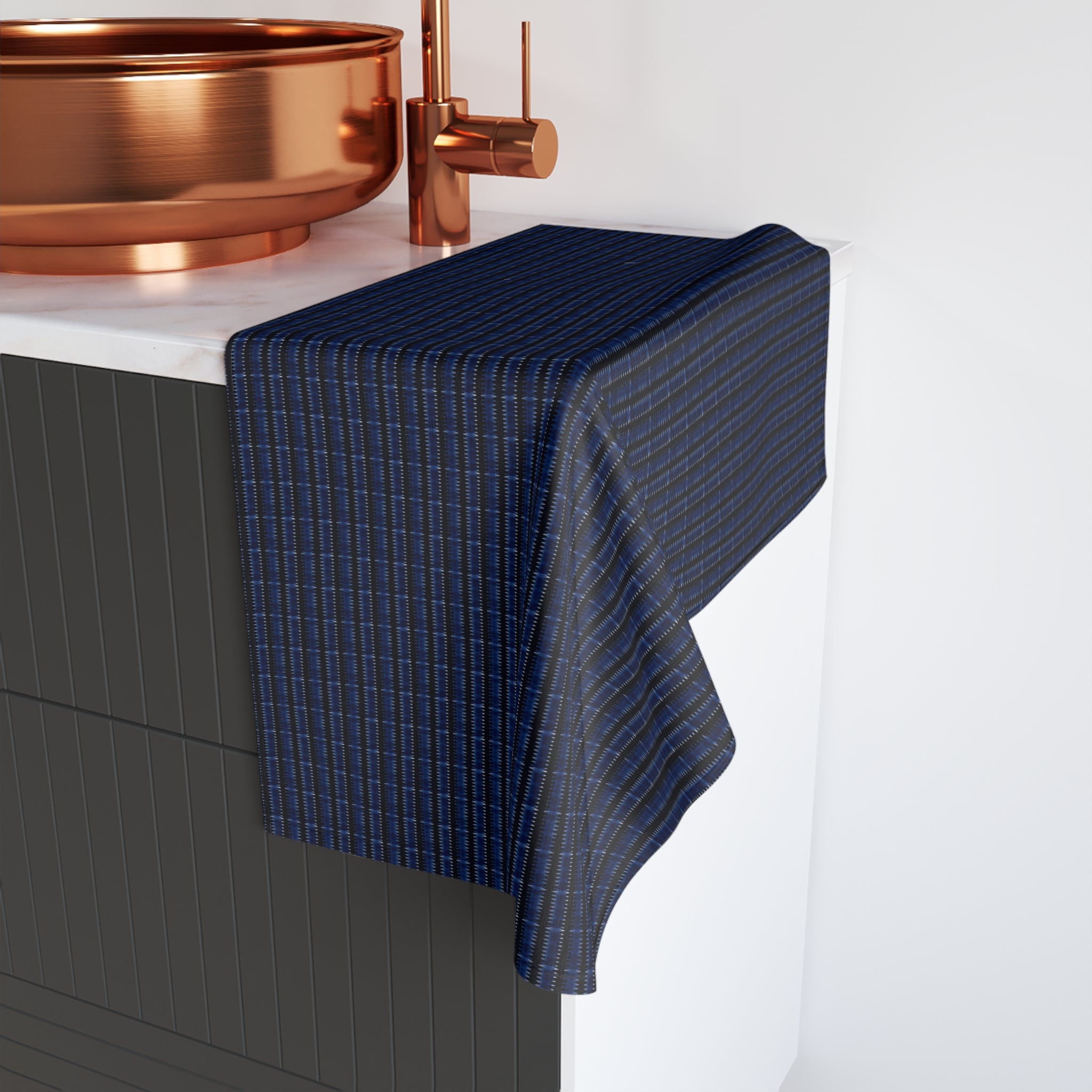 "Mississippi Midnight: Lovely Banjo Blues" Navy Grid Hand Towel — Minimal Plaid Kitchen & Bath Towel