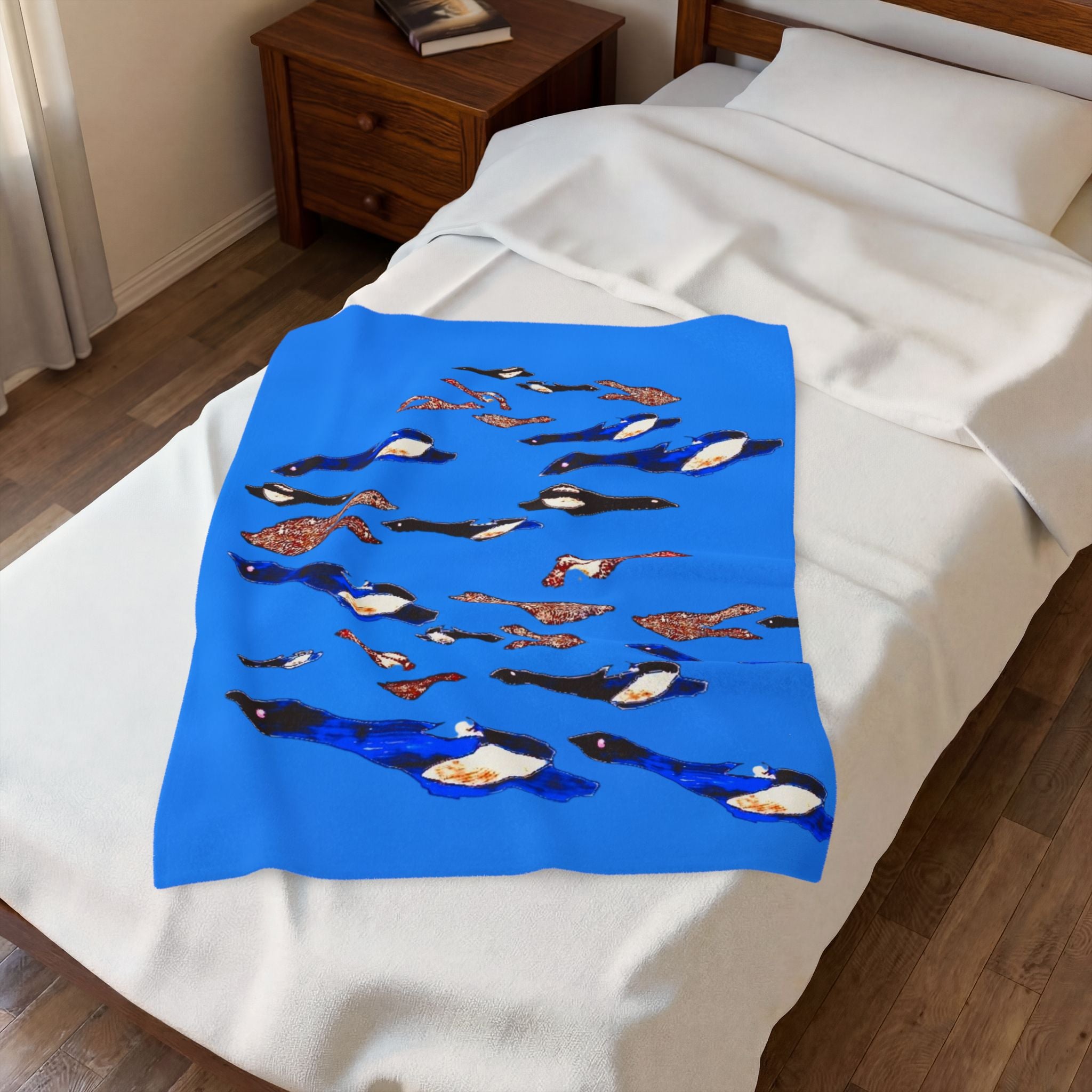 "Fly Me to the Moon" Cerulean Birdies - Flock Plush Blanket — Velveteen Throw