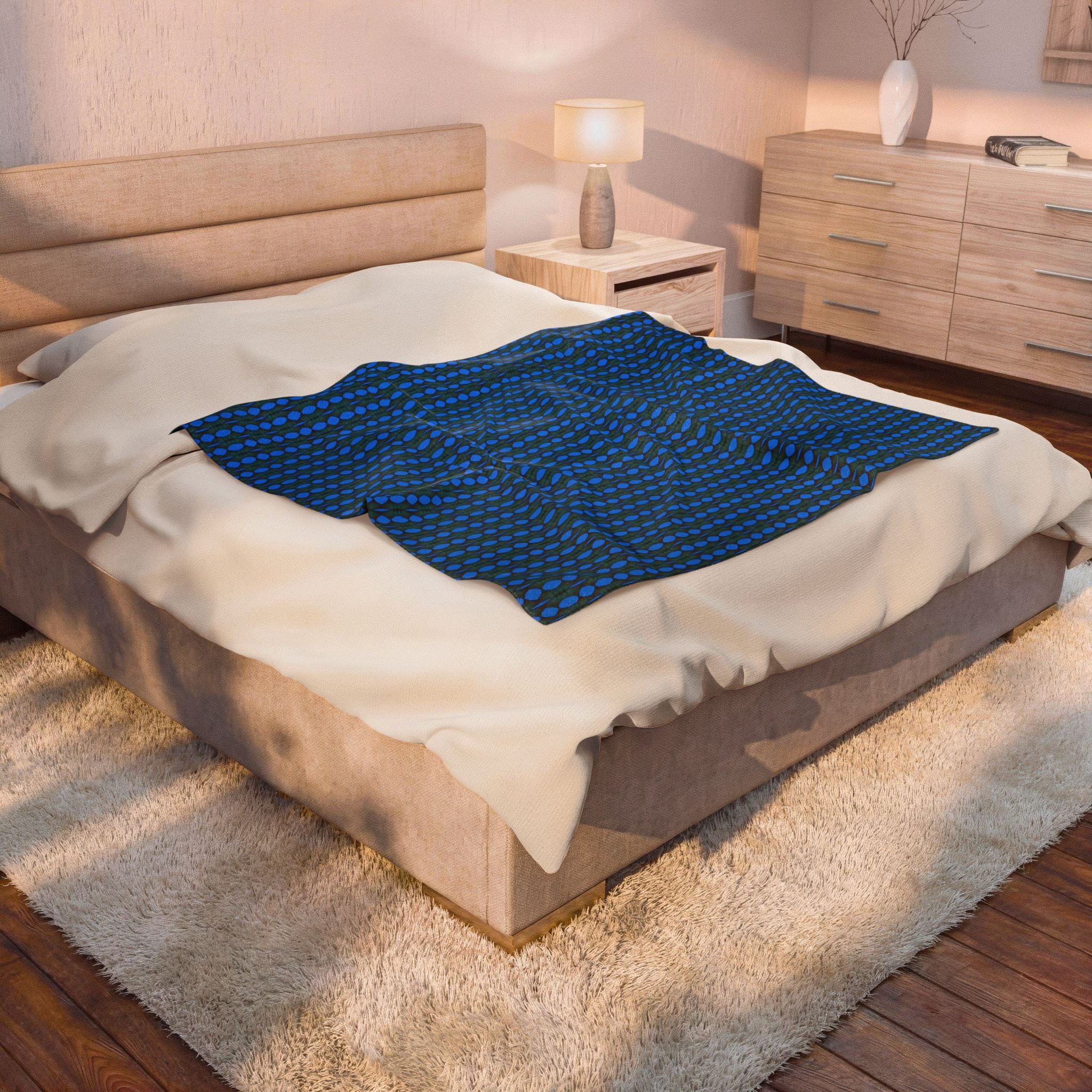 "Where Are We Going?" Blue Pixel Pattern Velveteen Plush Blanket — Soft Retro Geometric Throw