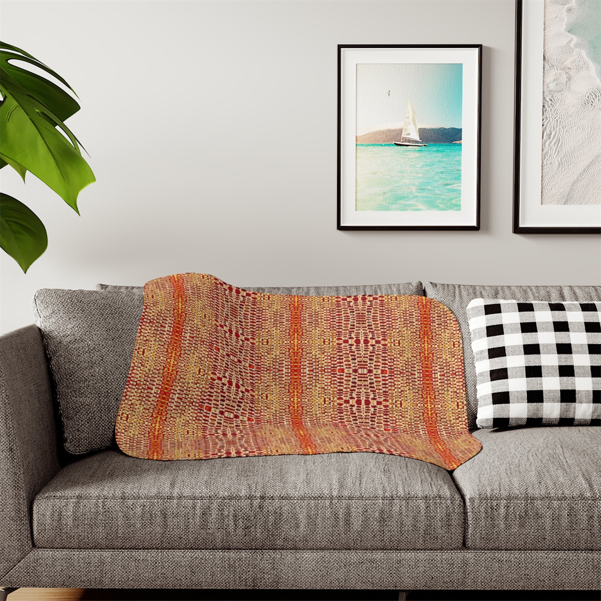 "Queen Mother" Gold, Bronze, Pen Drawing, Red Orange - Autumn Woven Sherpa Blanket – Cozy Boho Plaid Throw for Sofa & Bed