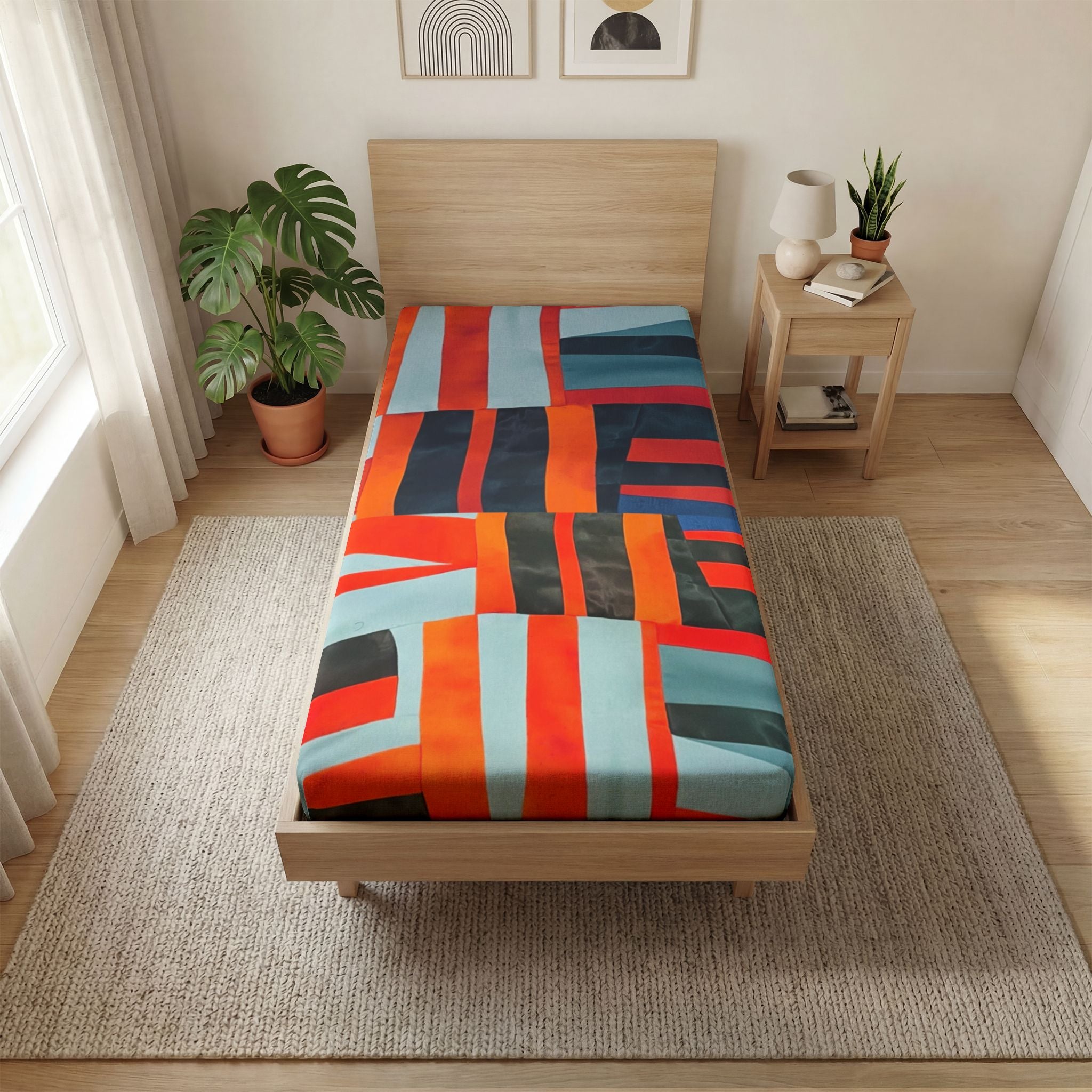 "Samuel" Abstract Geometric Twin Bed, Fitted Sheet — Bold Red Orange & Teal Stripe Pattern