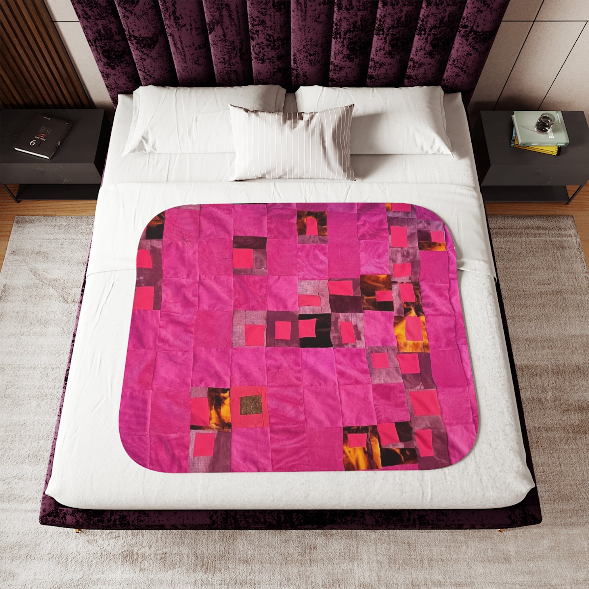 "Lela" Pink Geometric Sherpa Blanket — Cozy Fleece Throw with Abstract Patchwork