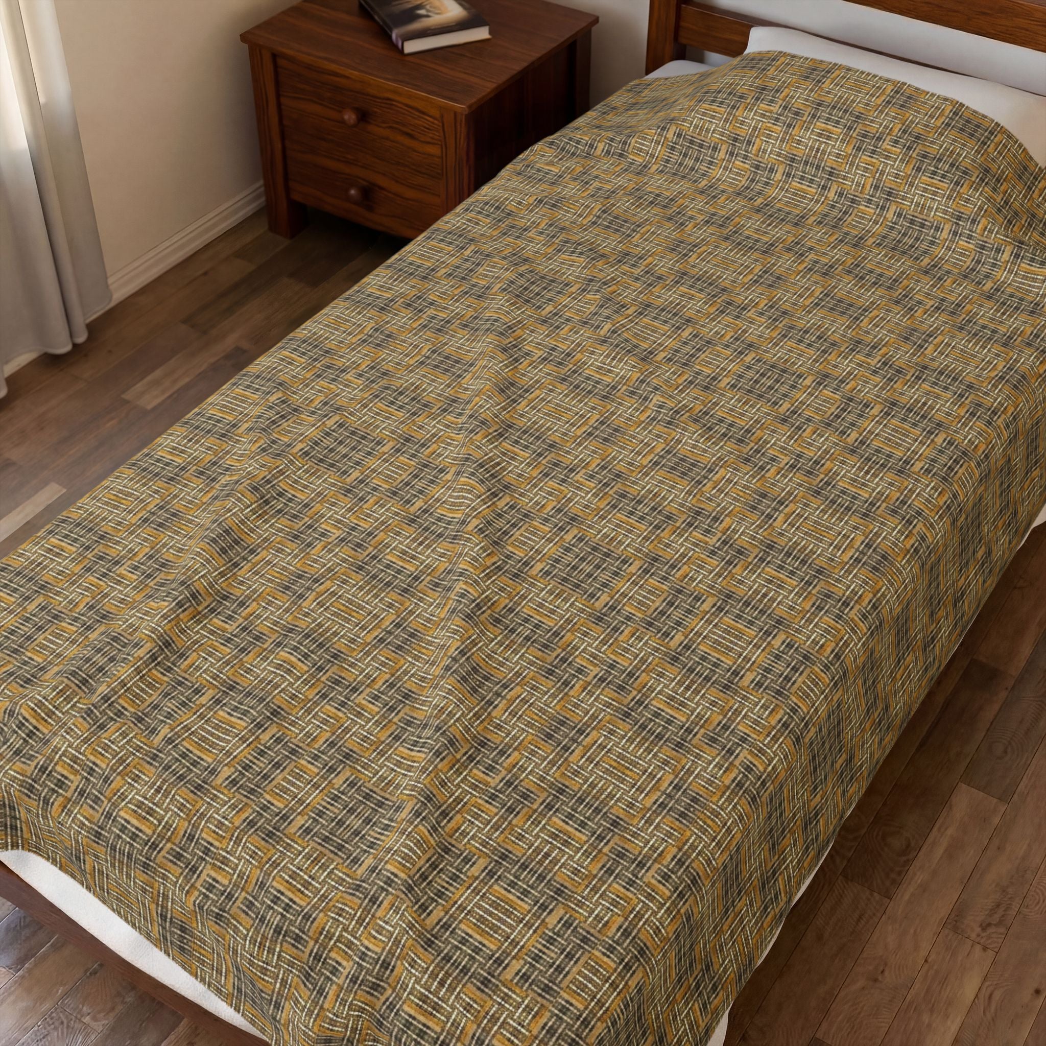 "All Things Fall Apart" Green, Gold, and Brown Woven Textile - Cozy Plaid Velveteen Plush Blanket — Warm Brown Check Throw