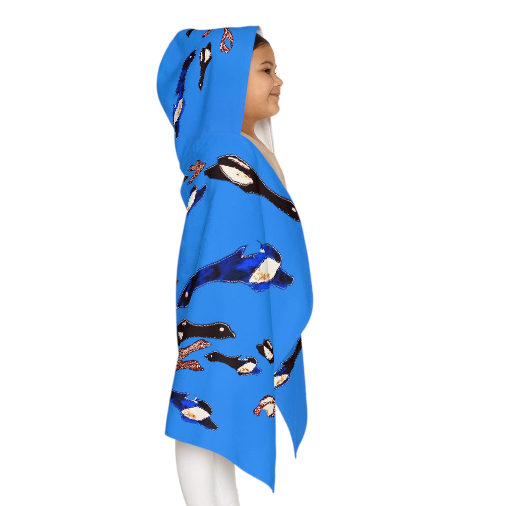 "Fly Me to the Moon" Youth Hooded Towel — Blue and Brown Birds Flying in Cerulean Skies Poncho for Kids