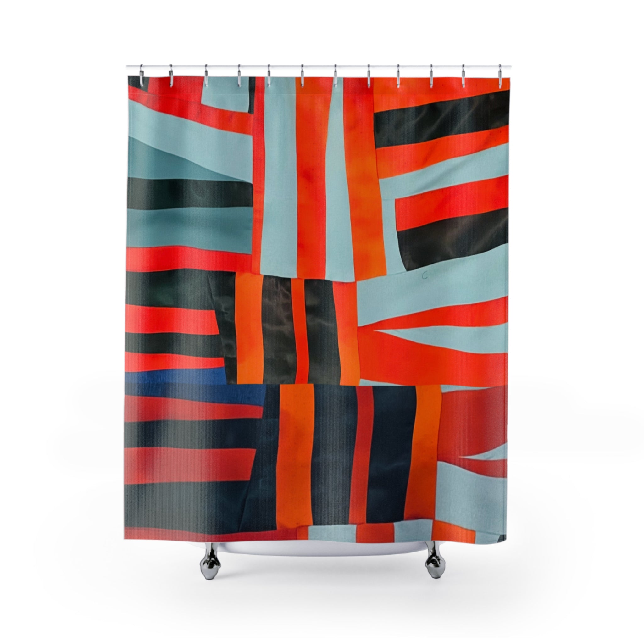 “Samuel” Abstract Geometric Shower Curtain — Bold Red & Teal Modern Bathroom Decor