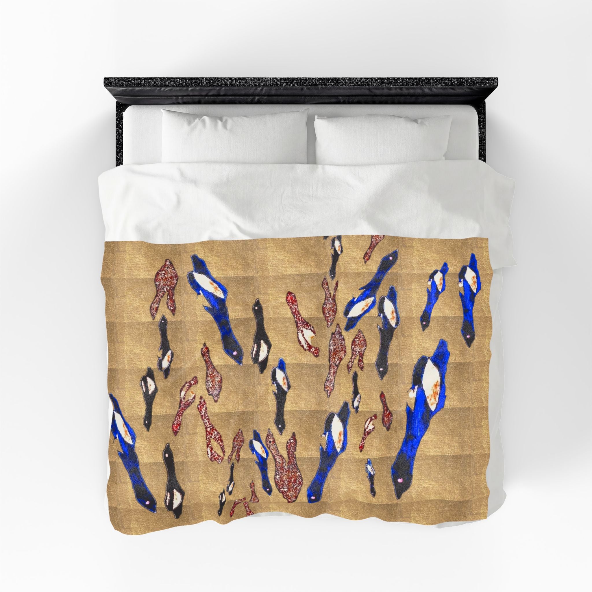 "Fly Me to the Moon" Velveteen Plush Blanket – Blue & Gold Fish School Design, Cozy Nautical Throw