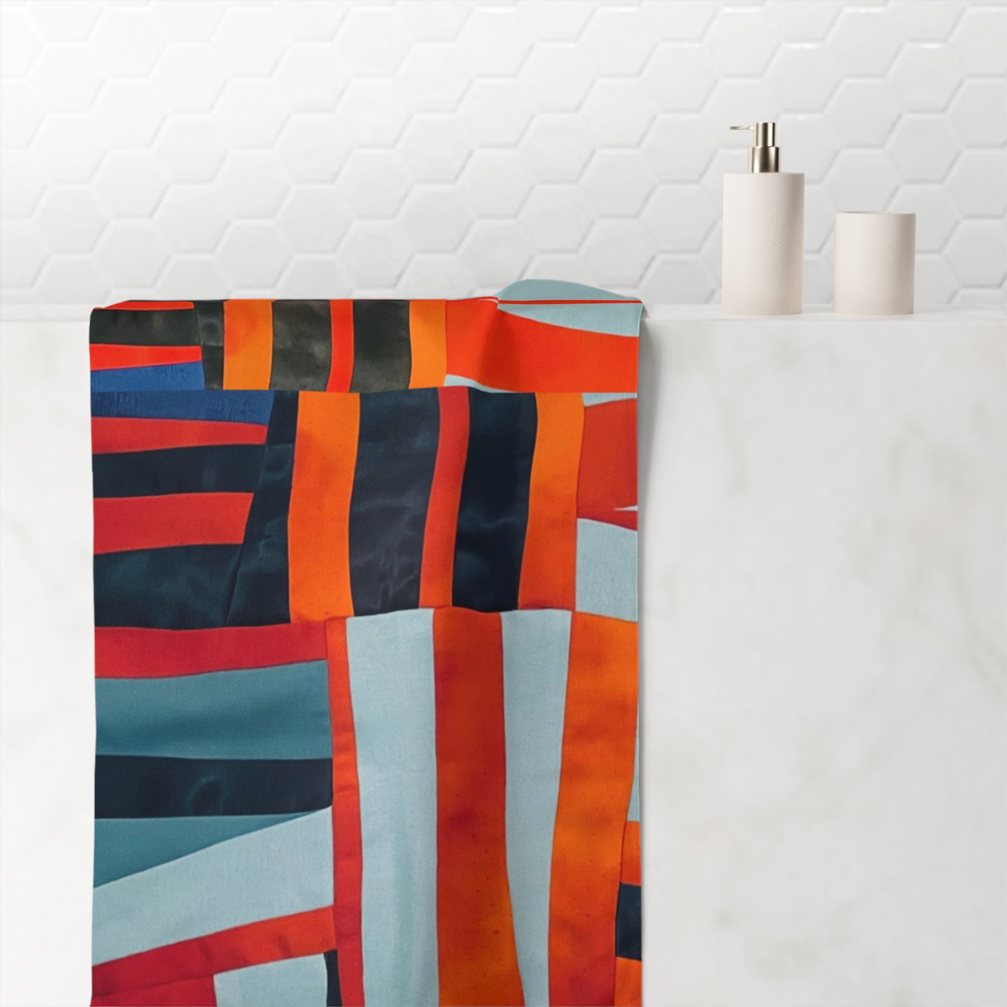 "Samuel" Abstract Geometric Cotton Beach Towel — Bold Orange & Teal Patchwork Pattern