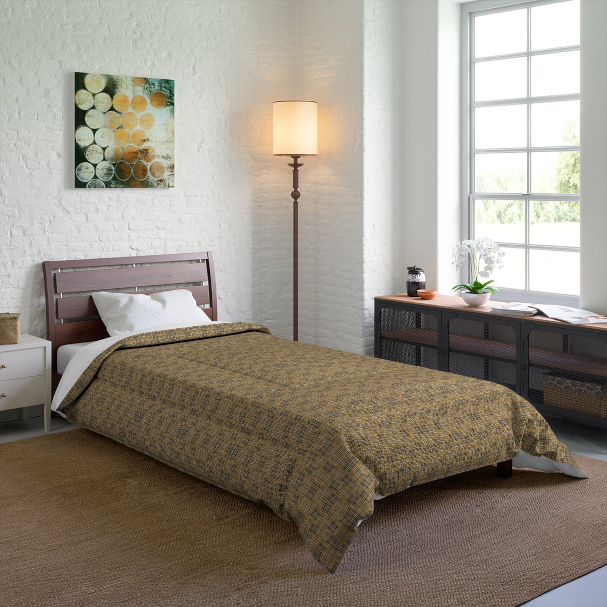 "All Things Fall Apart" Woven Plaid Comforter — Rustic Brown Geometric Check Bedding