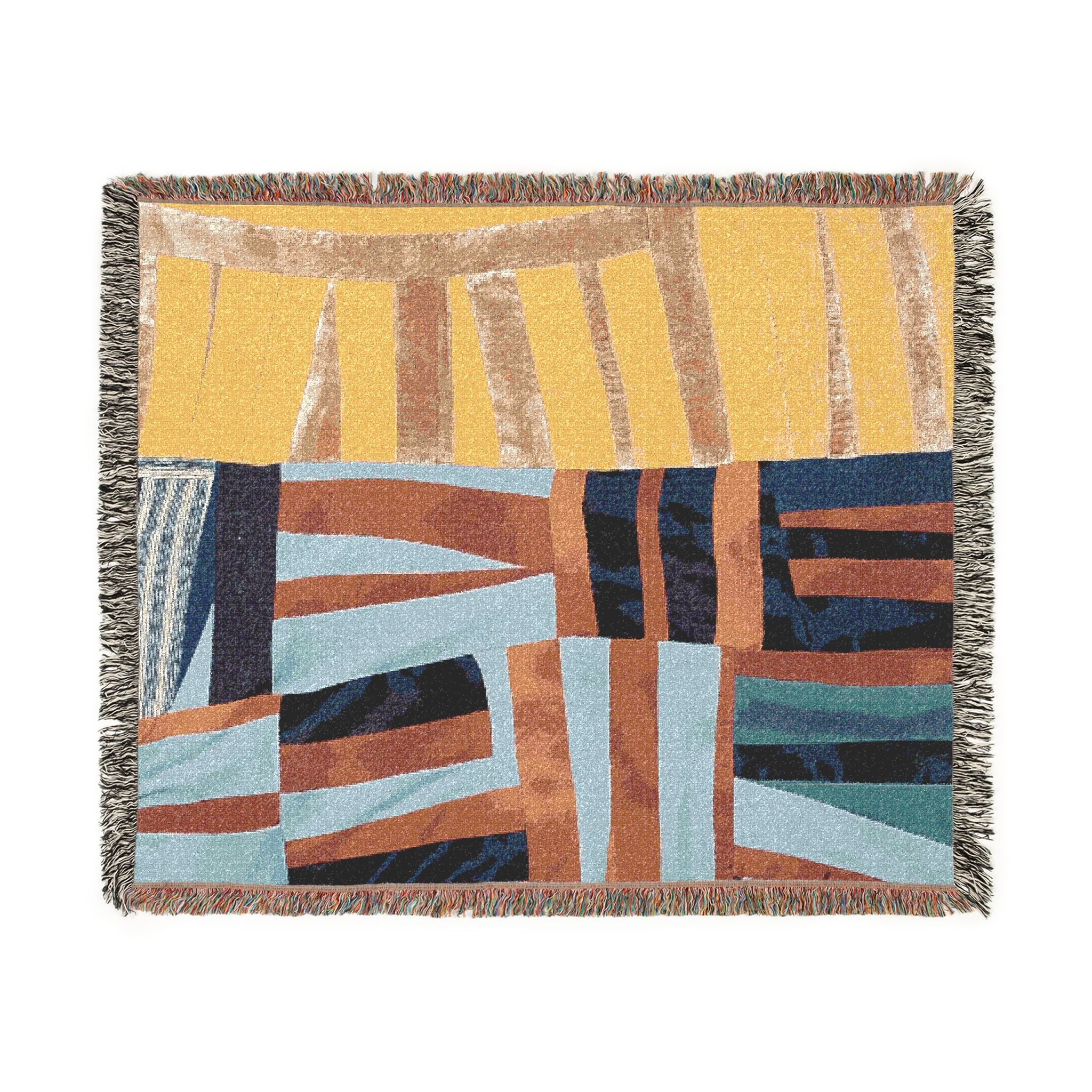 "Hannah and Samuel" Yellow, Blue, Orange, Red Orange, Velvet Quilt Block Abstract Geometric Woven Blanket — Modern Patchwork Throw