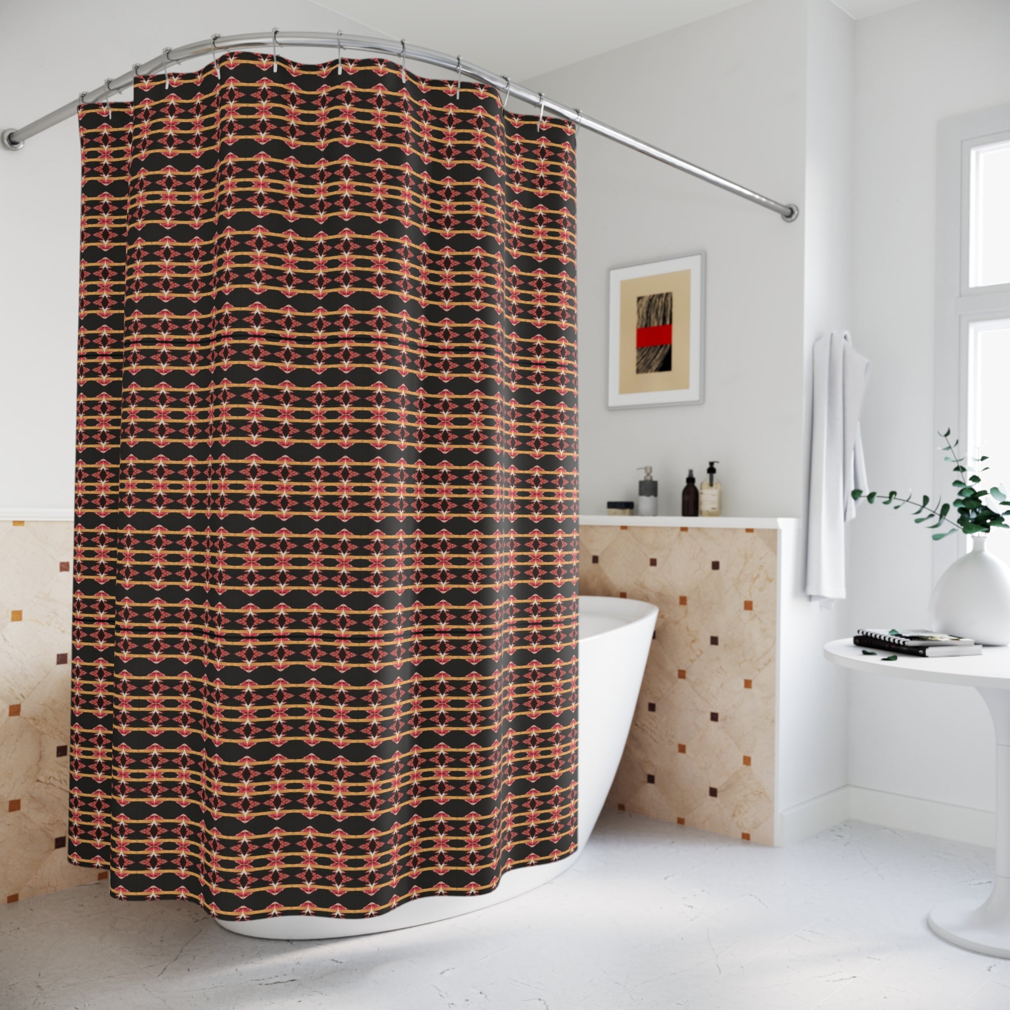 “Native America Now” Geometric Shower Curtain, Modern Bathroom Decor, Unique Home Accent, Stylish Gift for Housewarming, Boho Chic Shower Curtains