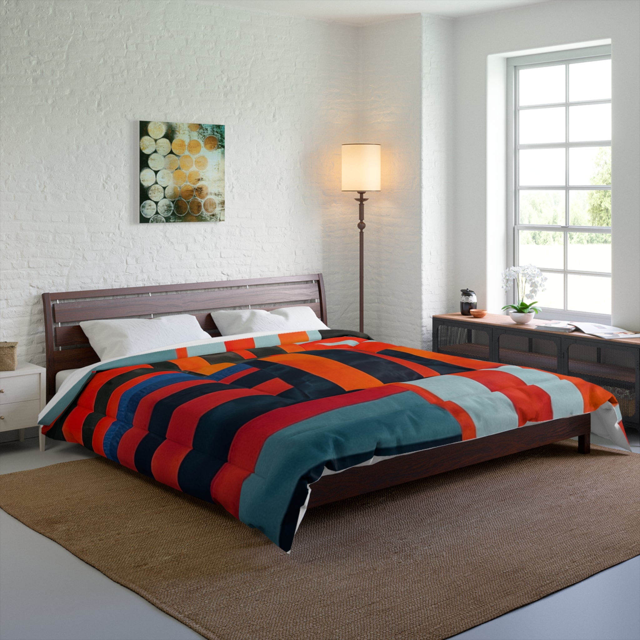 "Samuel" Abstract Geometric Stripe Comforter – Bold Red, Navy & Teal Modern Bedding