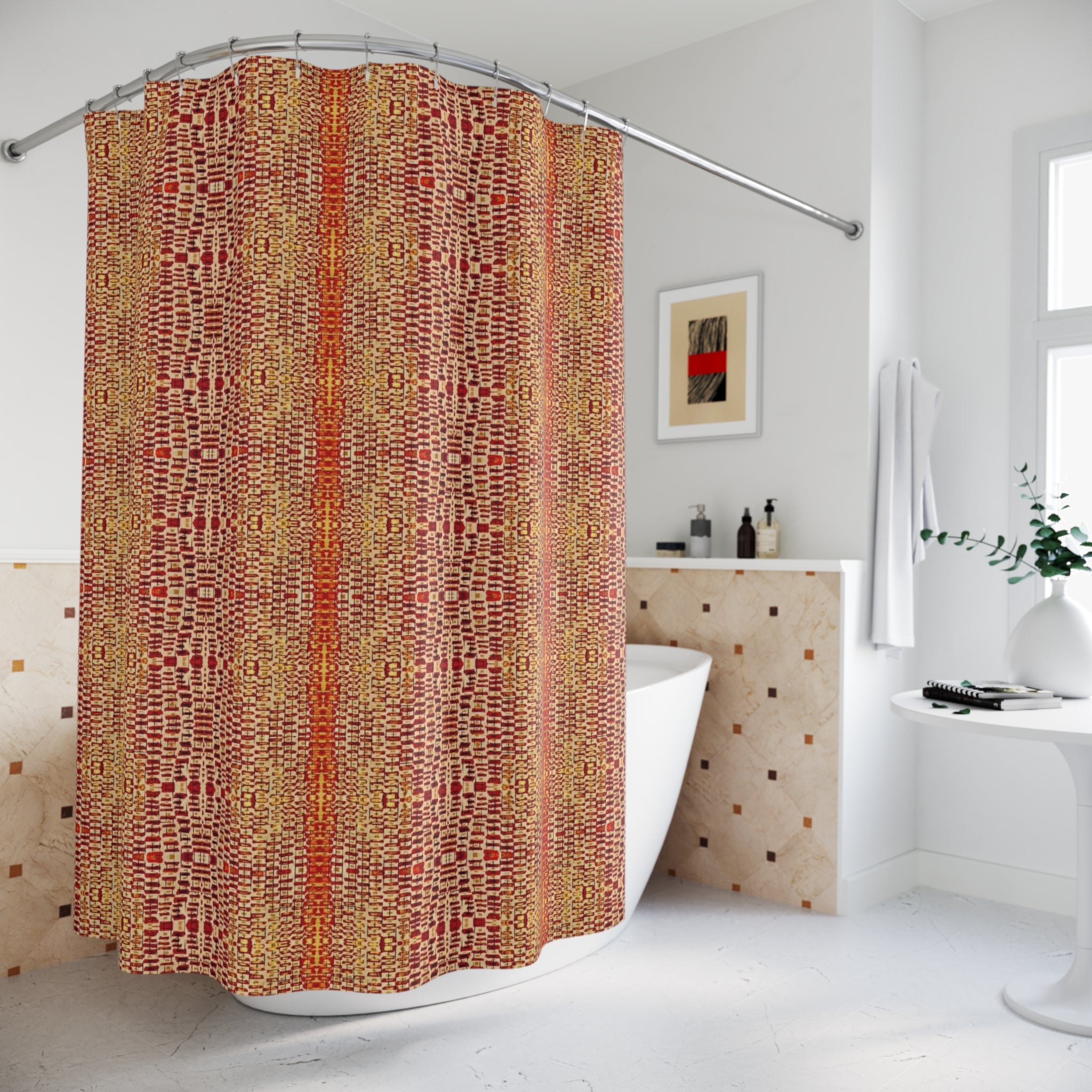 "Queen Mother" Warm Tribal Mosaic Shower Curtain — Boho Geometric Bathroom Decor