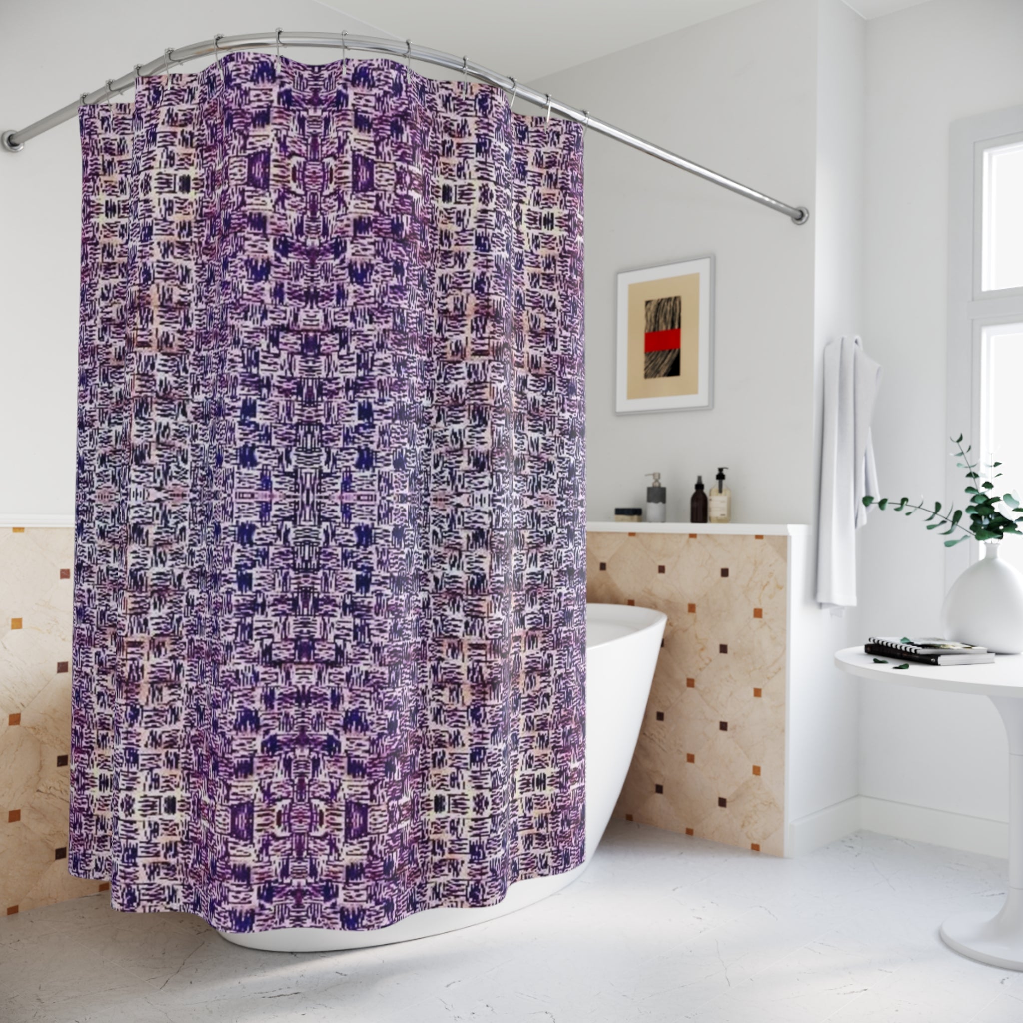 “Pauline, My Love” Violet Mosaic Pattern Shower Curtain — Boho Geometric Bathroom Decor