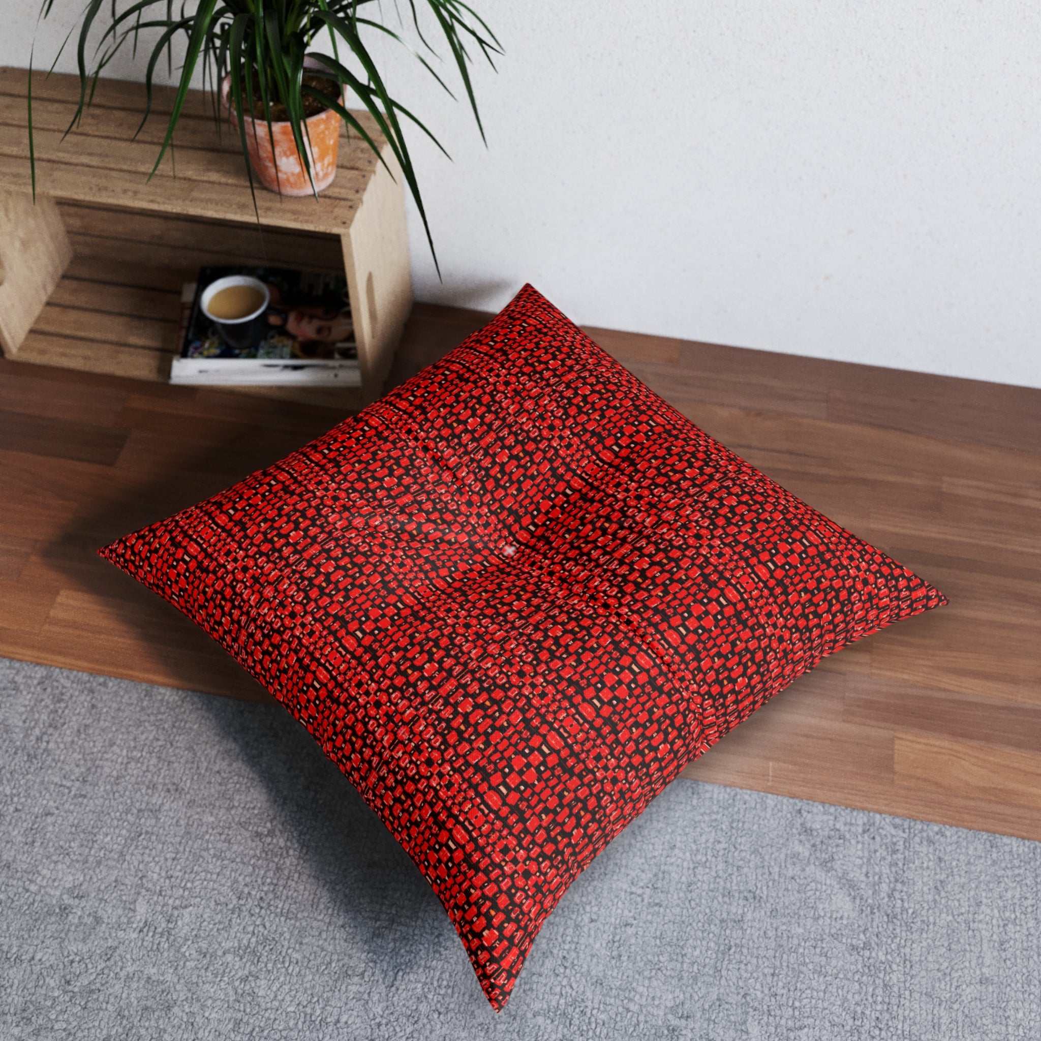 "Japanese Cherry Blossom" Red Woven Texture Square Floor Pillow — Cozy Bohemian Accent Cushion