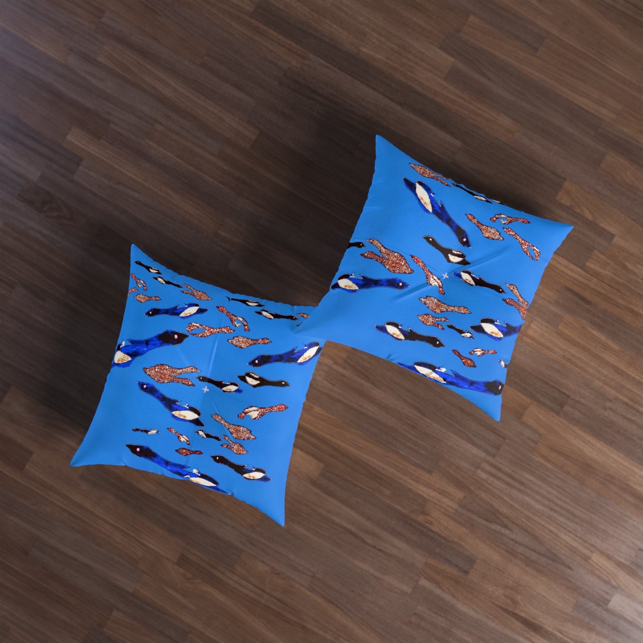 "Fly Me to the Moon" Blue Cerulean Birdies Square Floor Pillow — Tufted Decorative Cushion