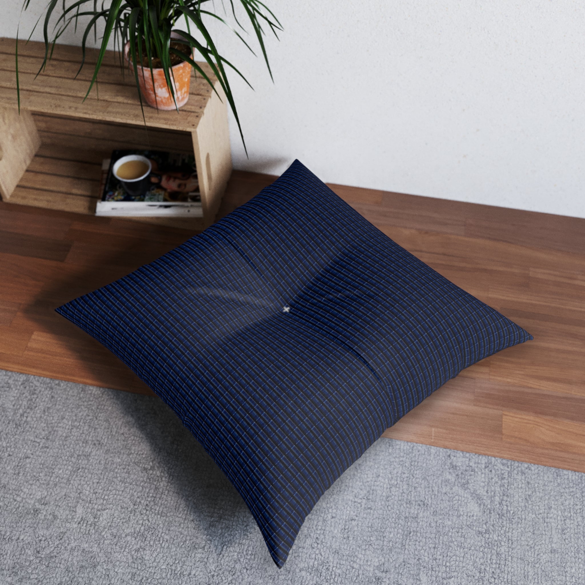 "Mississippi Midnight: Lovely Banjo Blues" Black and Navy Plaid Tufted Floor Pillow — Cozy Square Accent Cushion