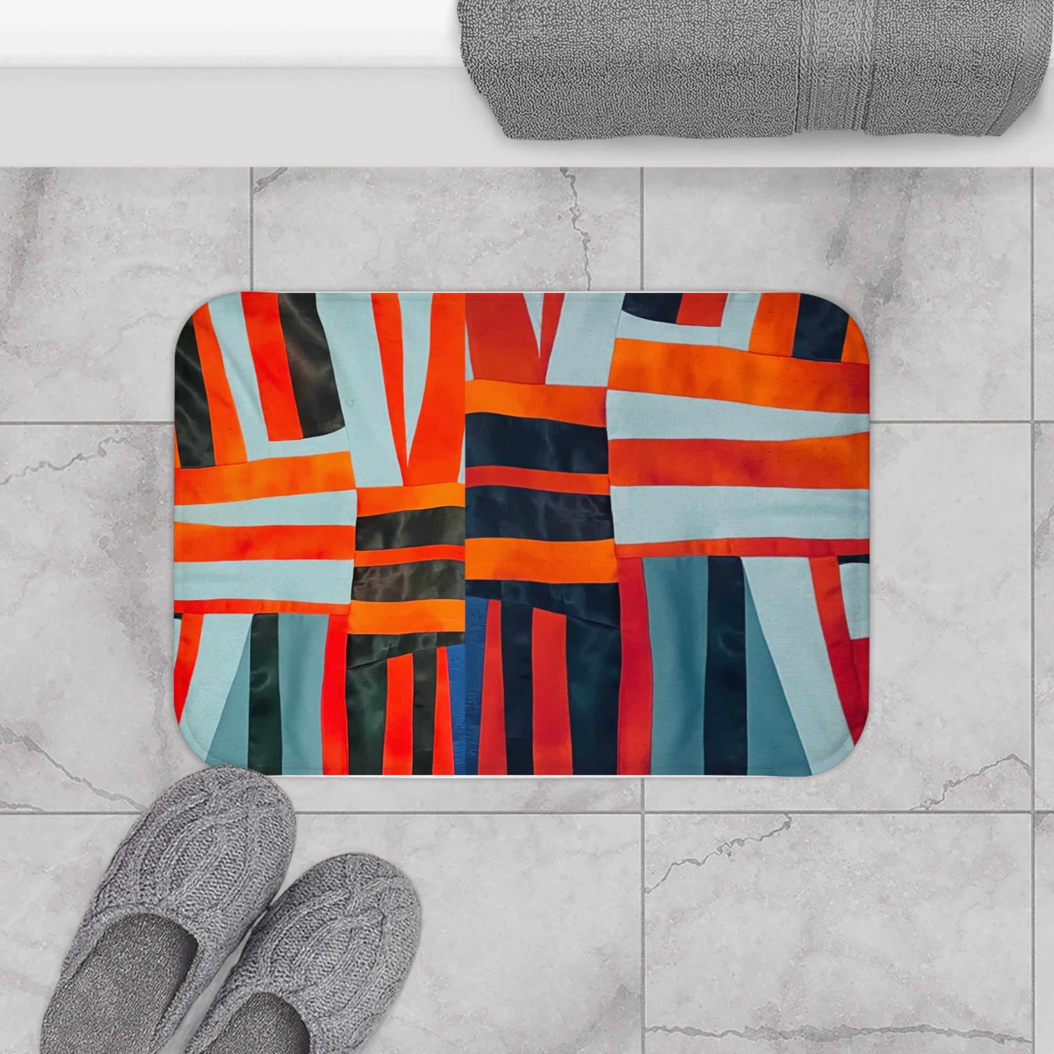 "Samuel" Modern Geometric Bath Mat — Blue, Red & Orange Stripe Abstract Design
