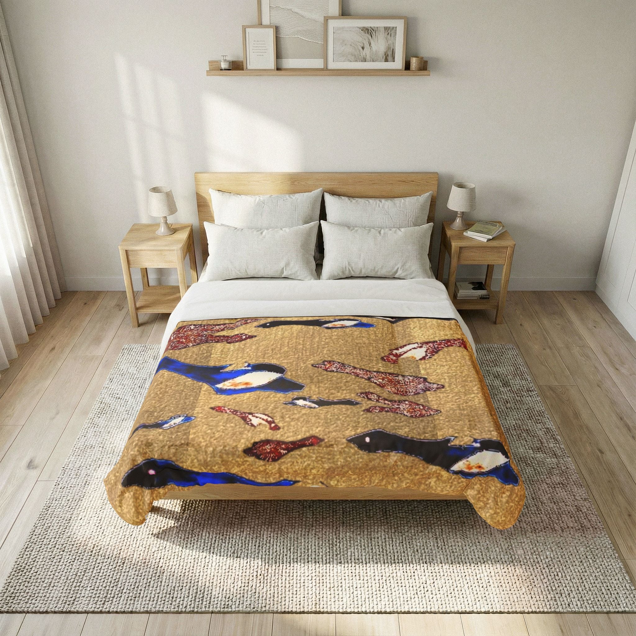 "Fly Me to the Moon" Bird Flock Cotton Comforter – Vintage Gold Blue Waterfowl Throw