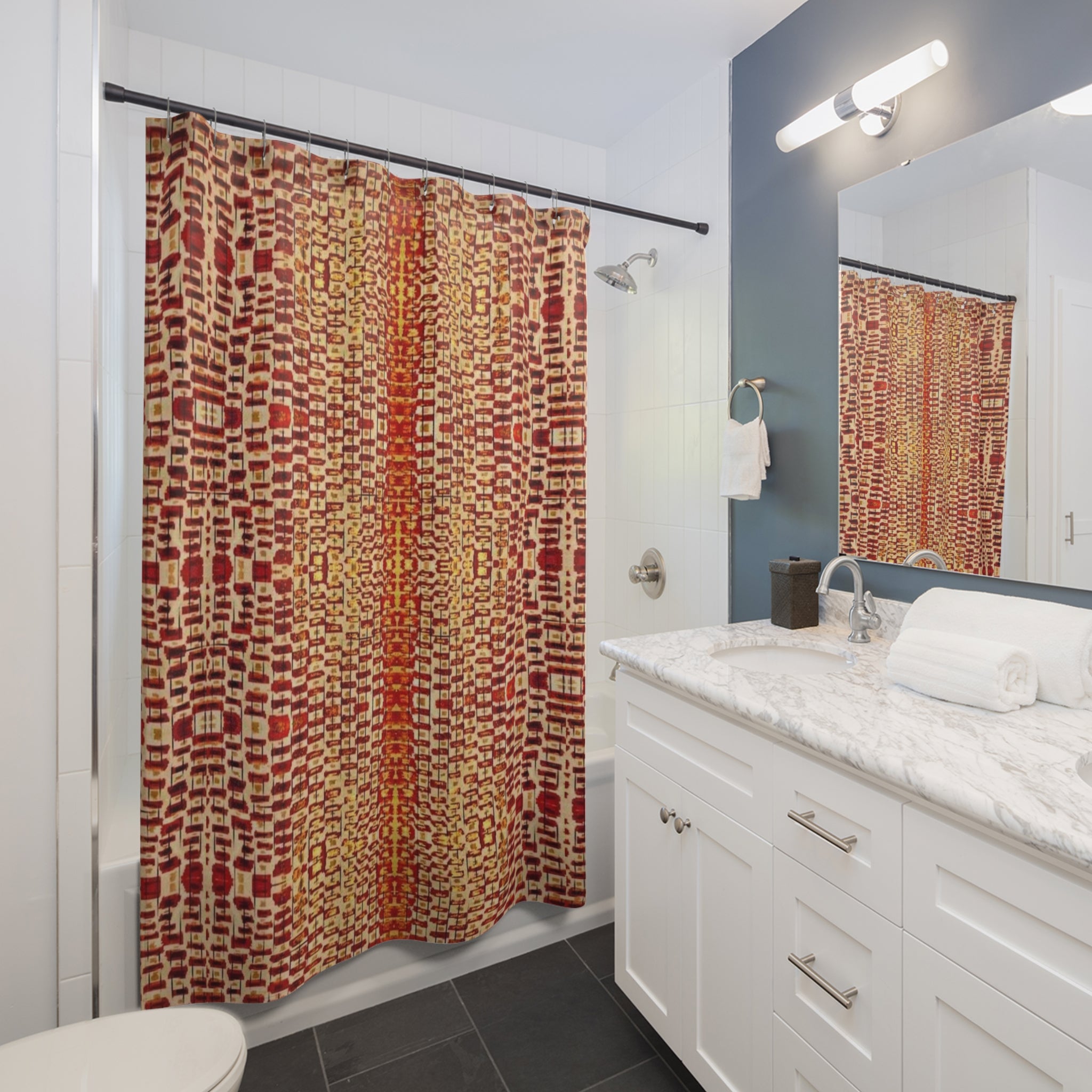 "Queen Mother" Warm Tribal Mosaic Shower Curtain — Boho Geometric Bathroom Decor