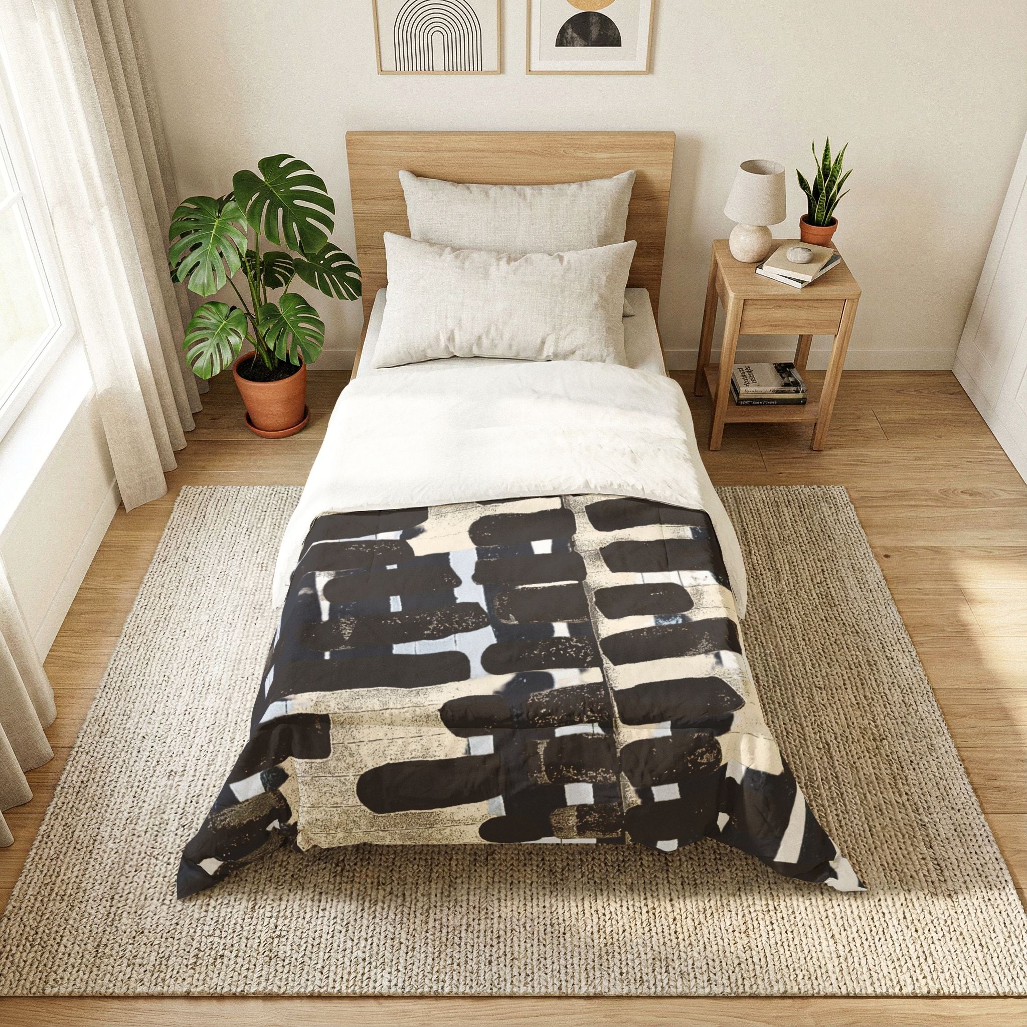 "Only My Notebook Knows How I Feel, My Heart Is On Every Page" Abstract Brushstroke Comforter – Modern Black & White Bedding
