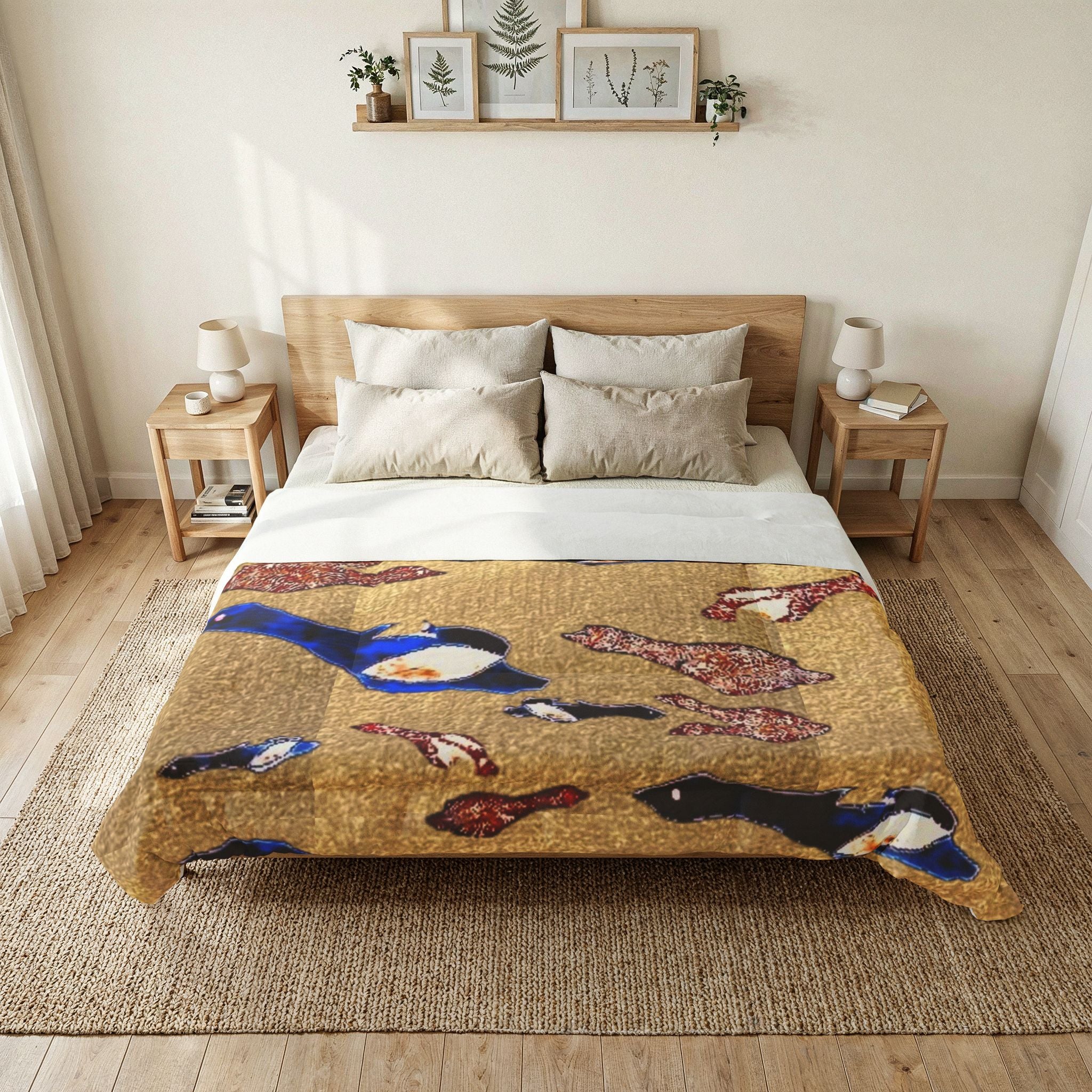 "Fly Me to the Moon" Bird Flock Cotton Comforter – Vintage Gold Blue Waterfowl Throw