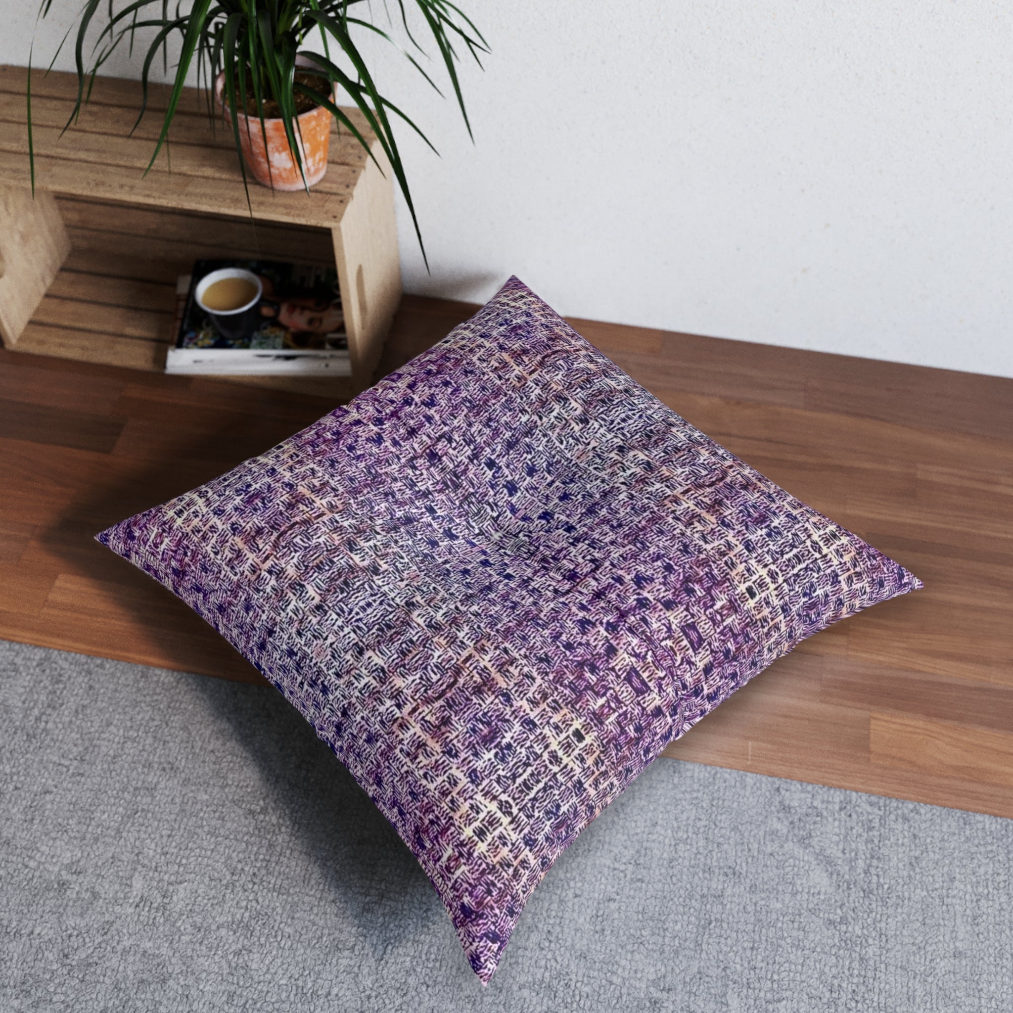 "Pauline, My Love" Tufted Floor Pillow — Lavender Plaid Boho Square Cushion