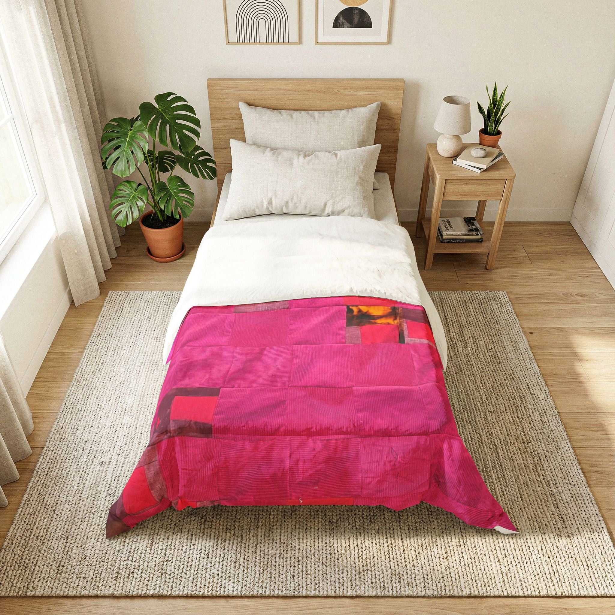 "Lela" Pink Geometric Cotton Comforter – Modern Patchwork Throw for Bedroom