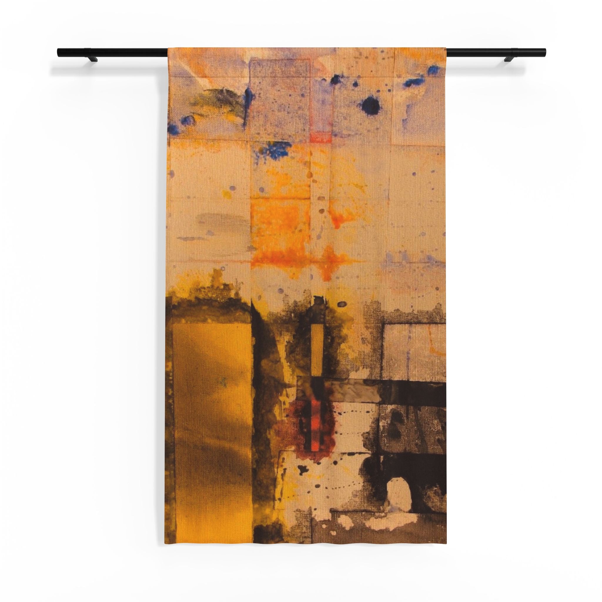 "Dance in the Rain" Sheer Curtain — Yellow, Red, and Black Design Abstract Warm Tones Window Drape