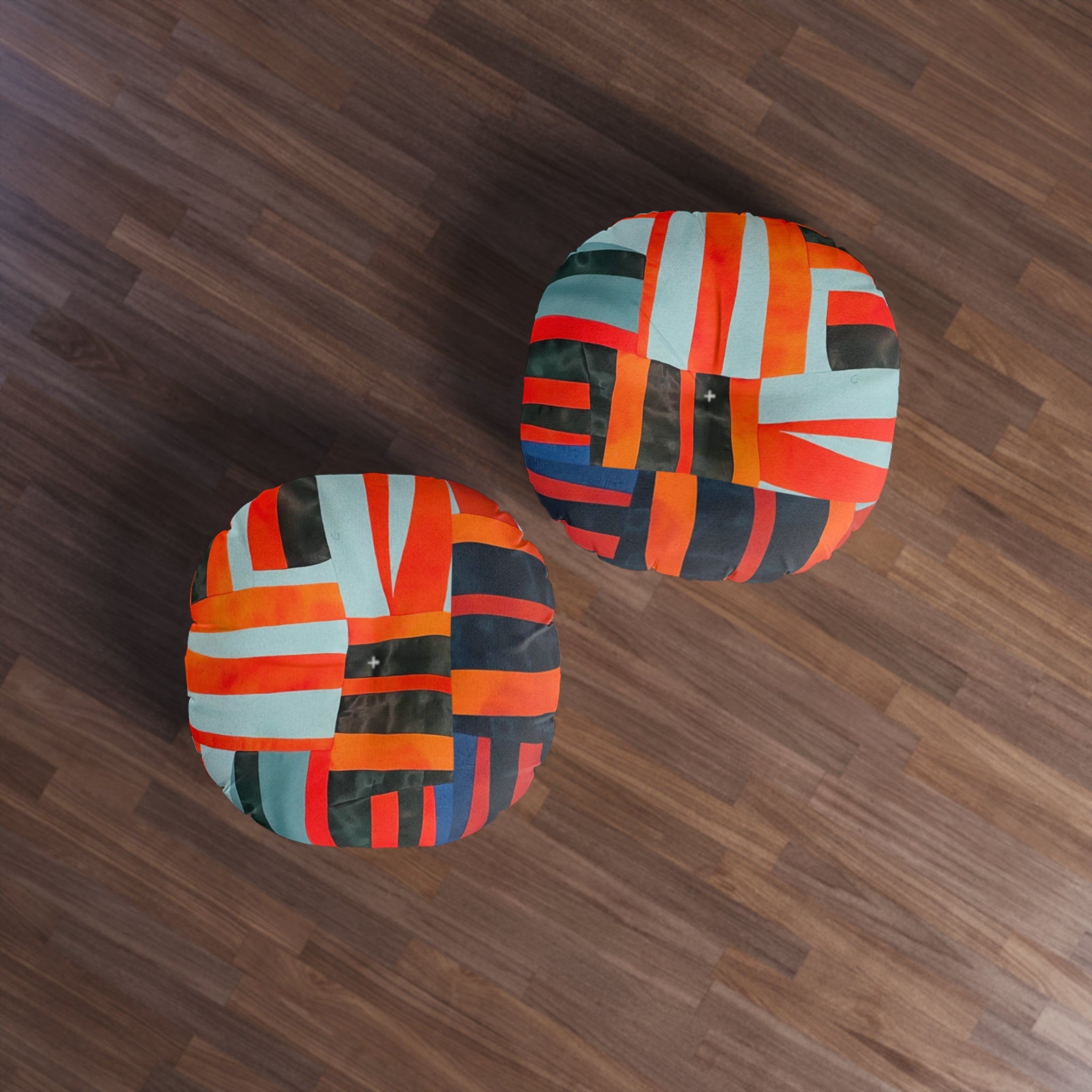 “Samuel” Round Tufted Floor Pillow — Geometric Red & Teal Tribal Pattern