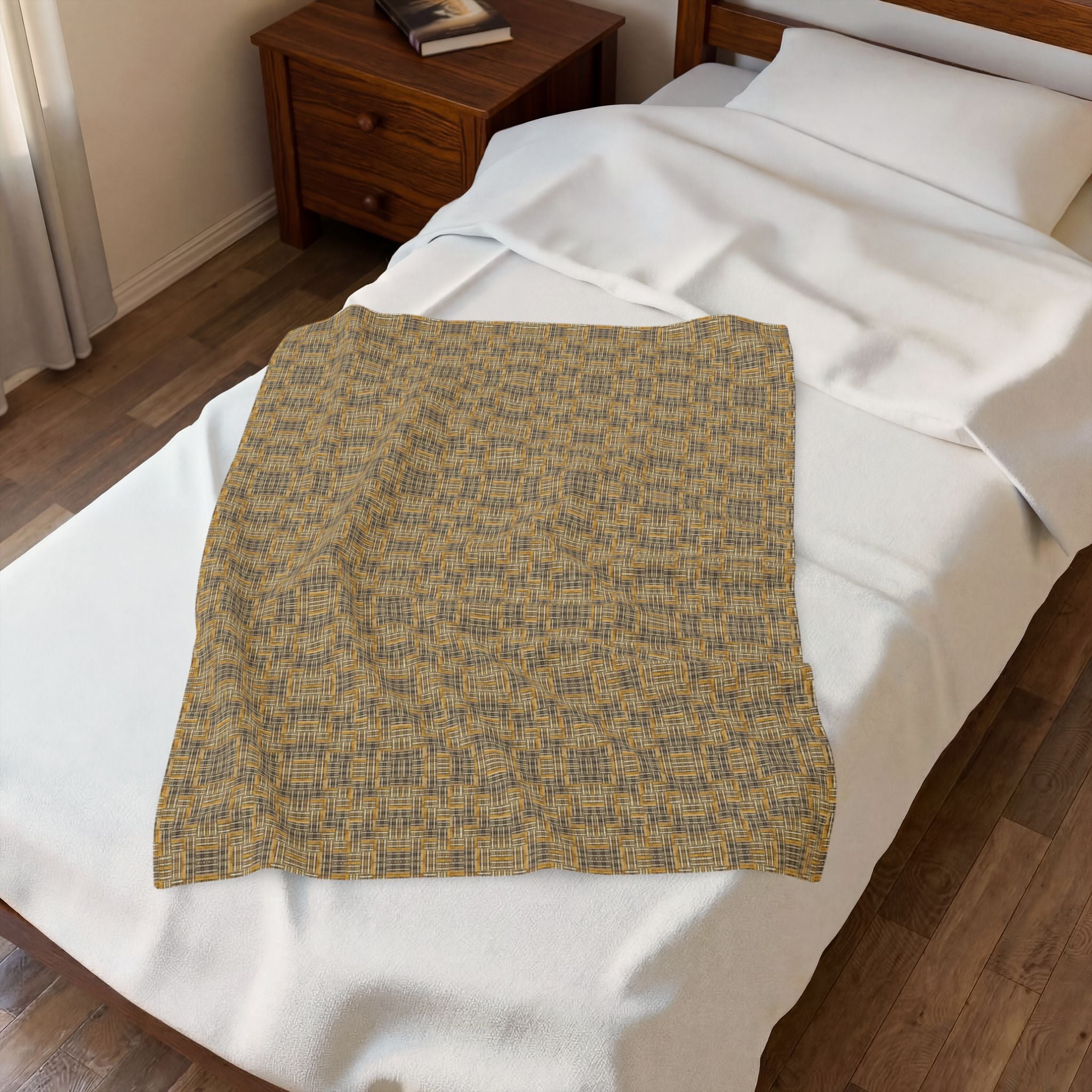 "All Things Fall Apart" Green, Gold, and Brown Woven Textile - Cozy Plaid Velveteen Plush Blanket — Warm Brown Check Throw