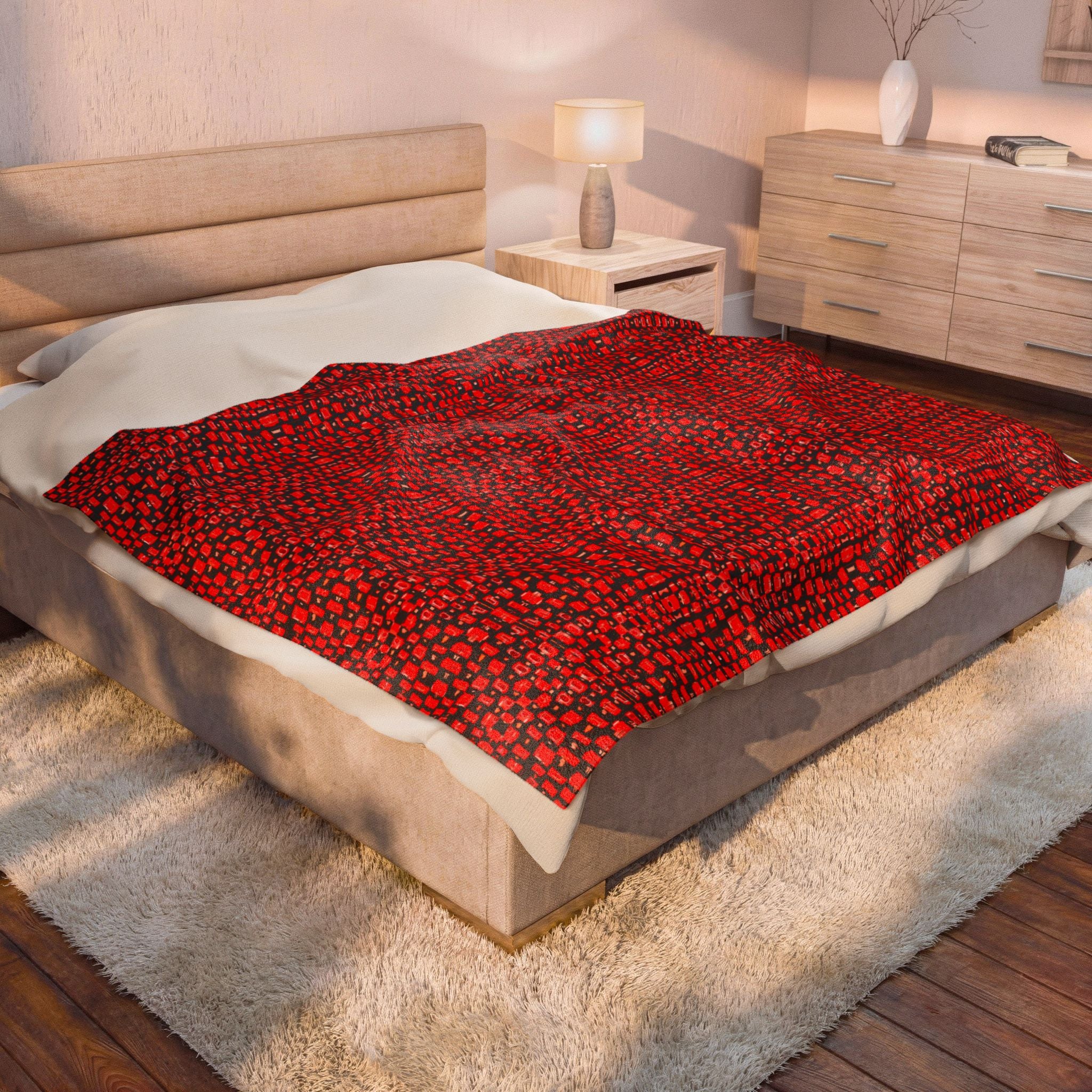 "Japanese Cherry Blossom" Red Berry Velvet Plush Blanket — Cozy Holiday Throw