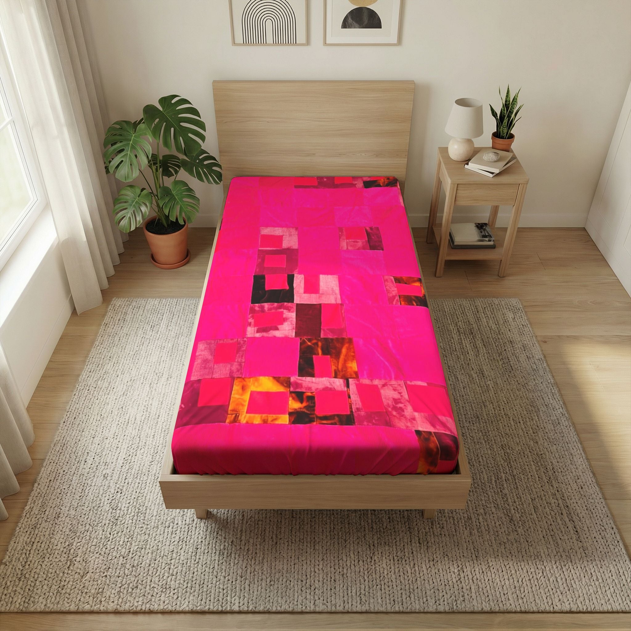 "Lela Lela" Bright Pink Geometric Twin Flat Sheet – Modern Patchwork Bedding