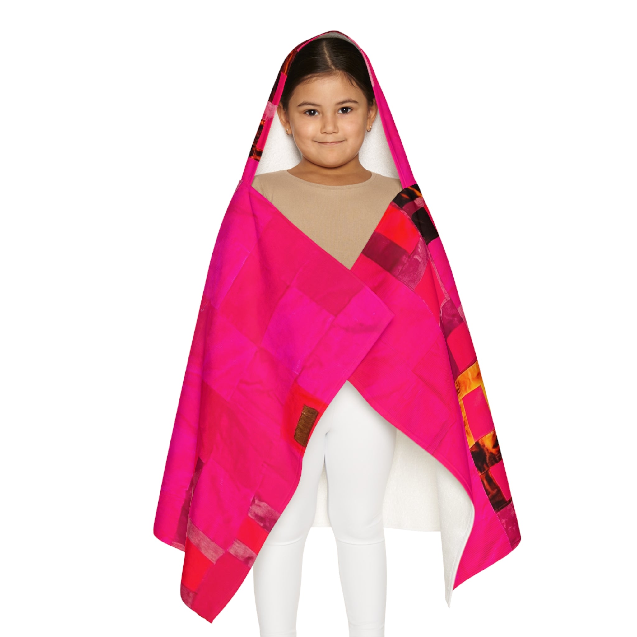 "Lela Lela" Kids Hooded Beach Towel – Bright Pink Geometric Patchwork