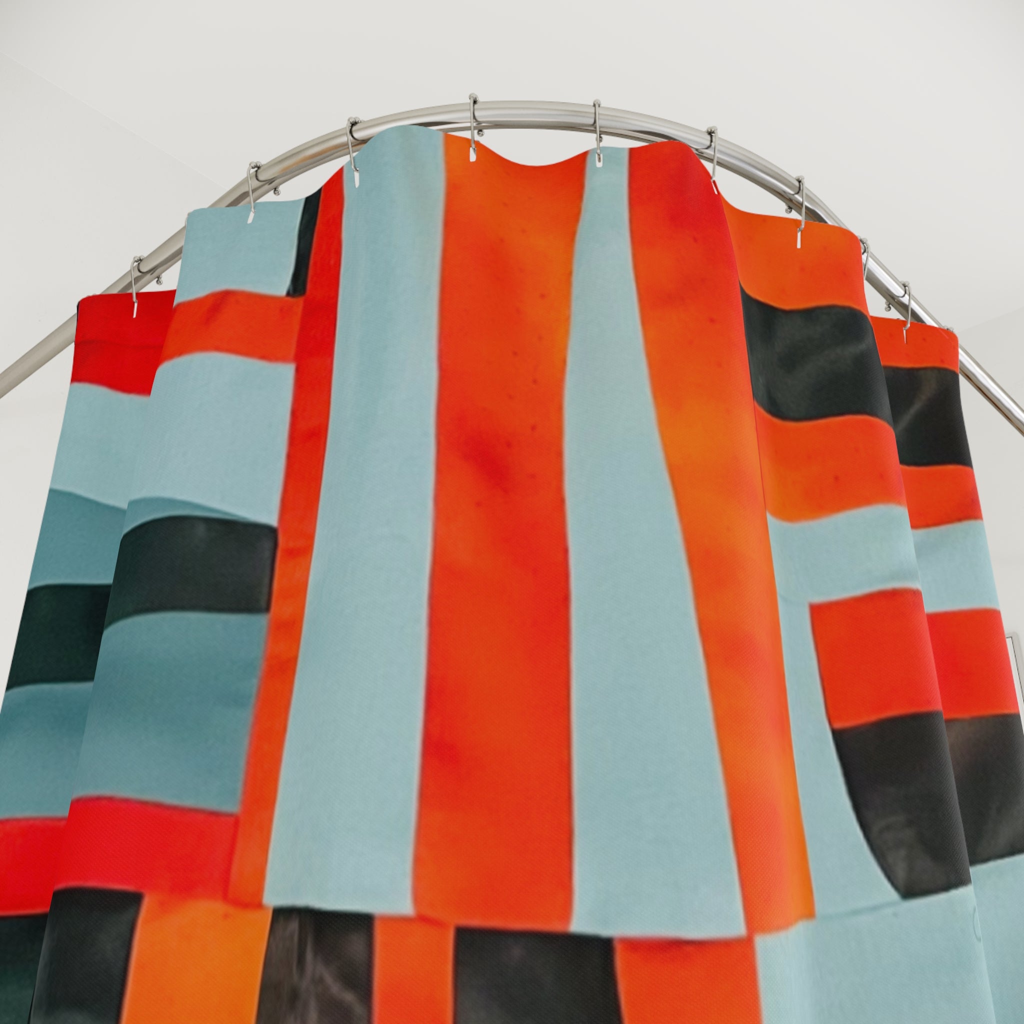 “Samuel” Abstract Geometric Shower Curtain — Bold Red & Teal Modern Bathroom Decor