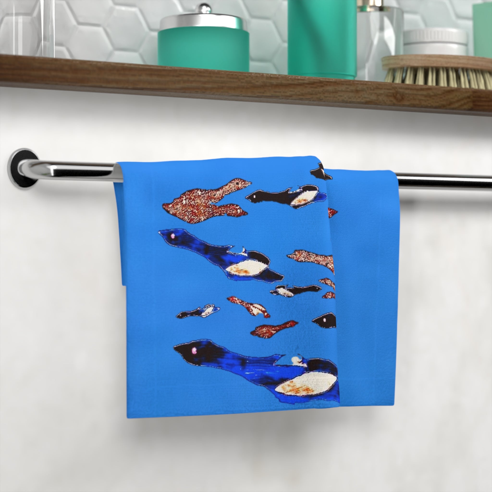 "Fly Me To The Moon" Penguin Swim Face Towel — Colorful School of Penguins on Bright Blue