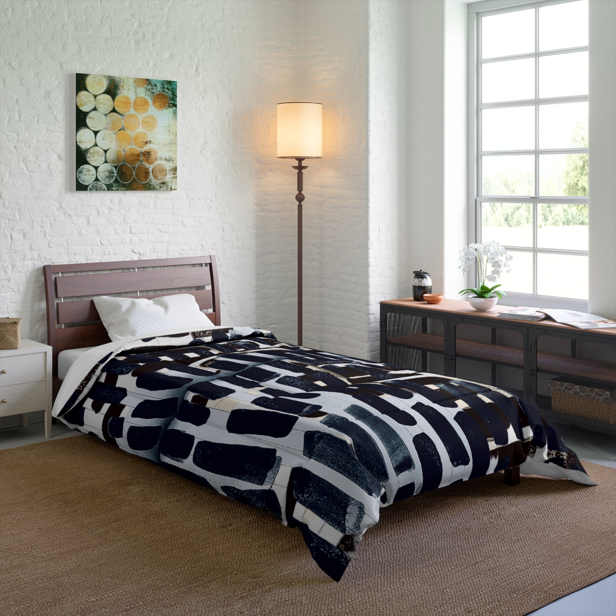 "Only My Notebook Knows How I Feel, My Heart Is On Every Page" Abstract Grid Comforter - Monochrome Brushstroke Pattern