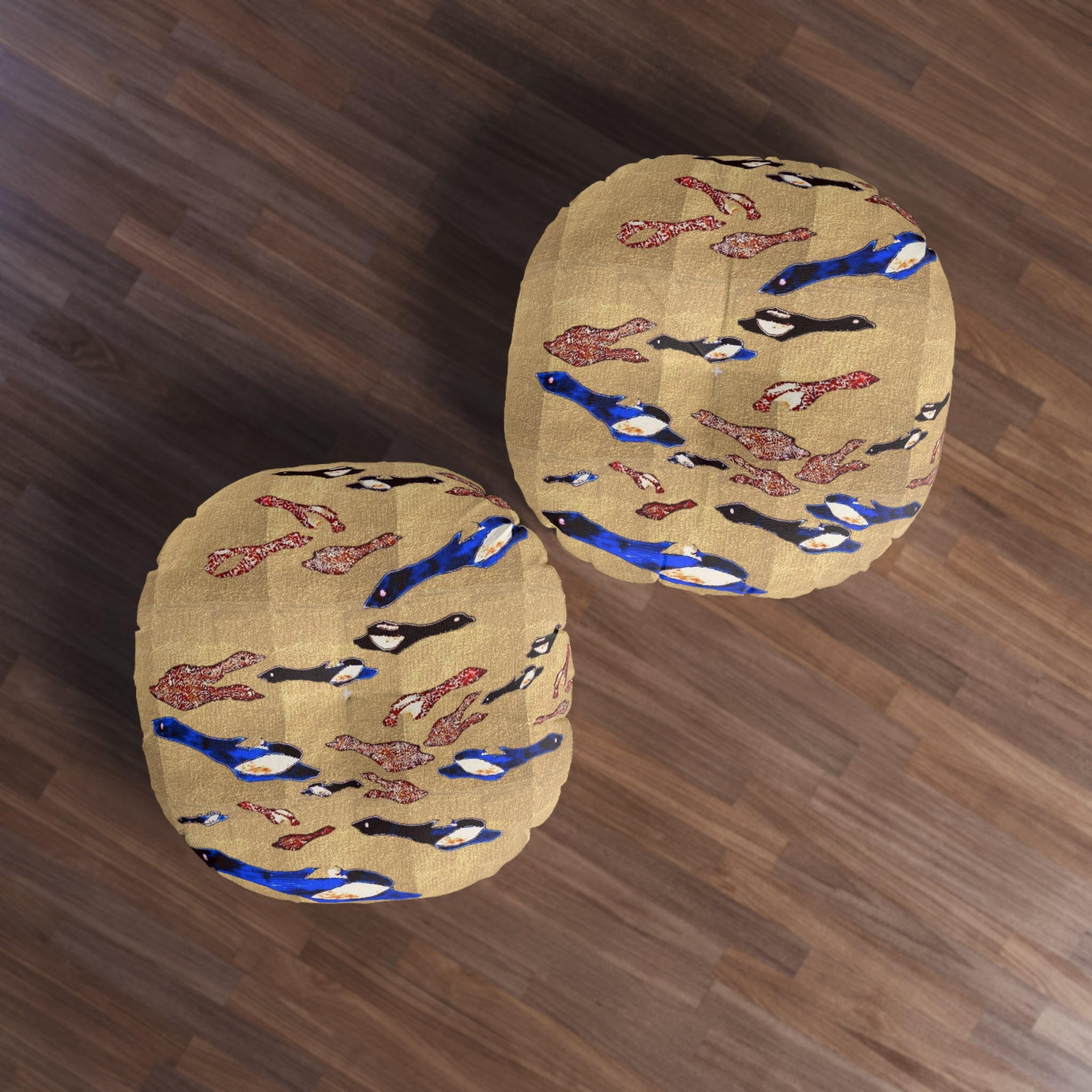 "Fly Me to the Moon" Gold and Bronze Round Tufted Floor Pillow — Coastal Blue & Coral Birdie Tapestry Pattern