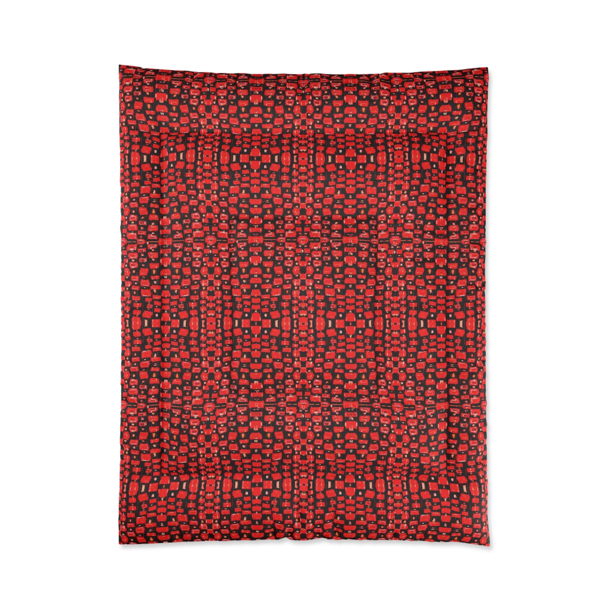 “Japanese Cherry Blossom” Red Mosaic Check Comforter — Modern Geometric Bedspread