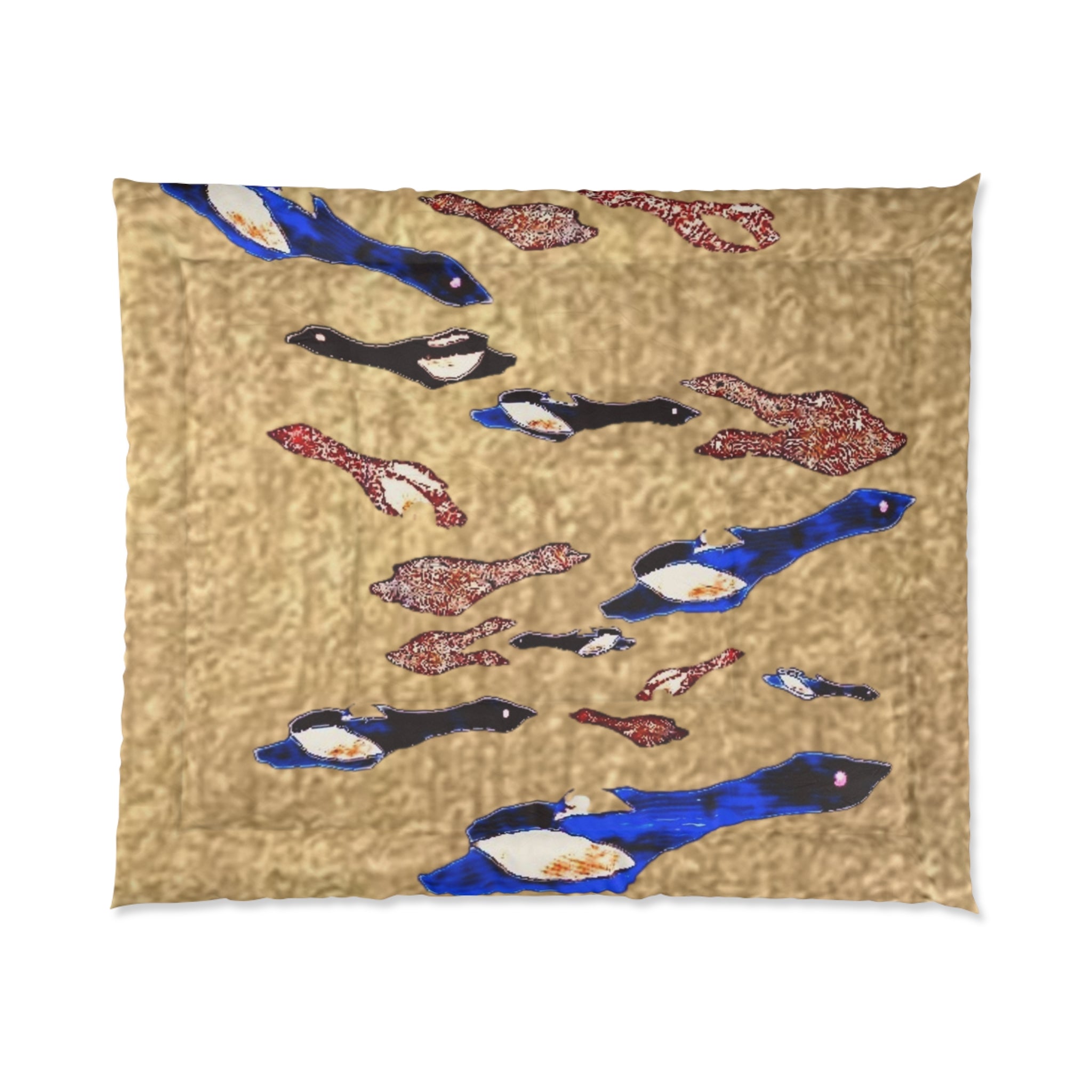 "Fly Me to the Moon" Bird Comforter – Beige Asian-Inspired Bedspread with Blue & Red Carp Pattern