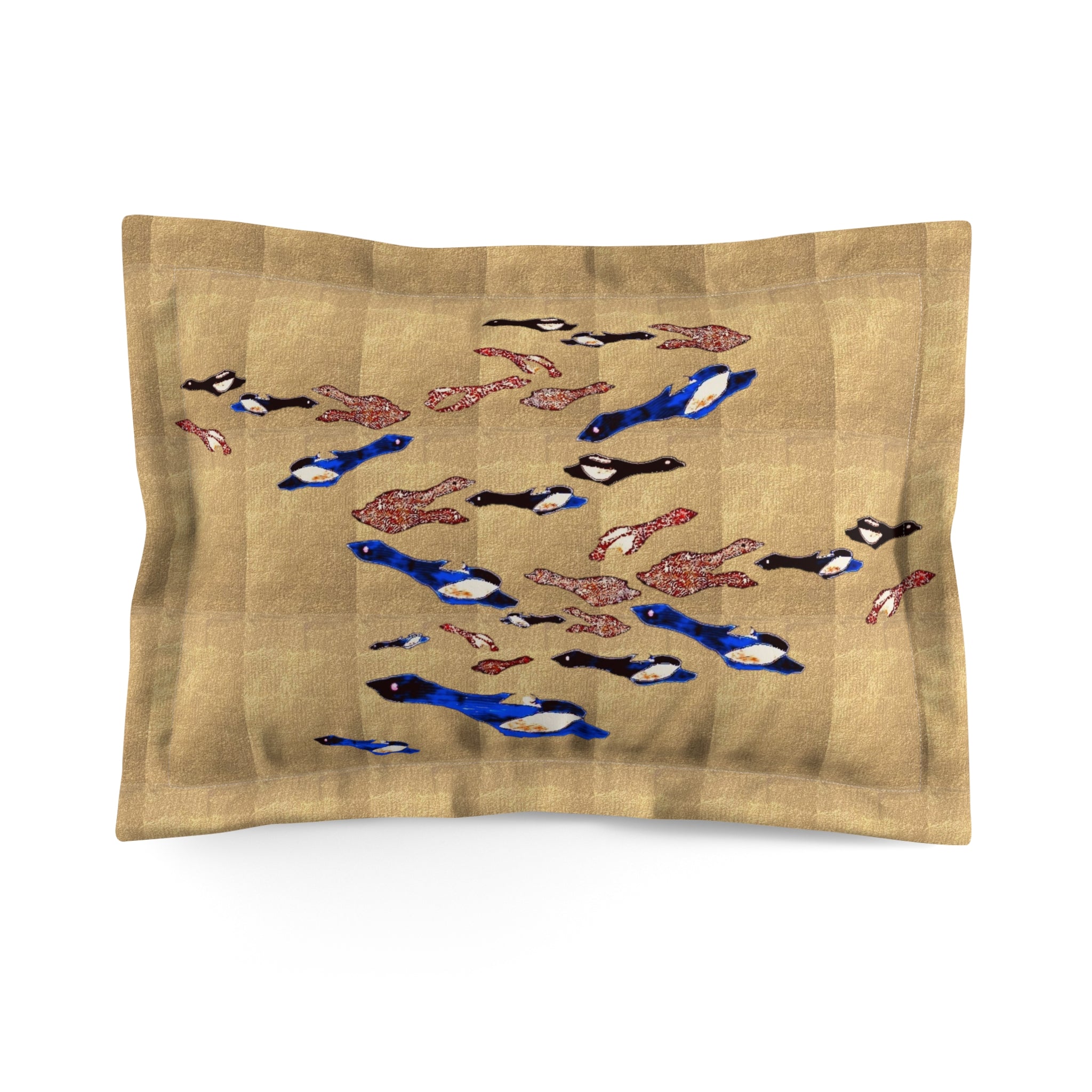 "Fly Me to the Moon" Blue and Brown Birdies Decorative Pillow Sham — Coastal Birds Flying Pattern on Sandy Golden Beige