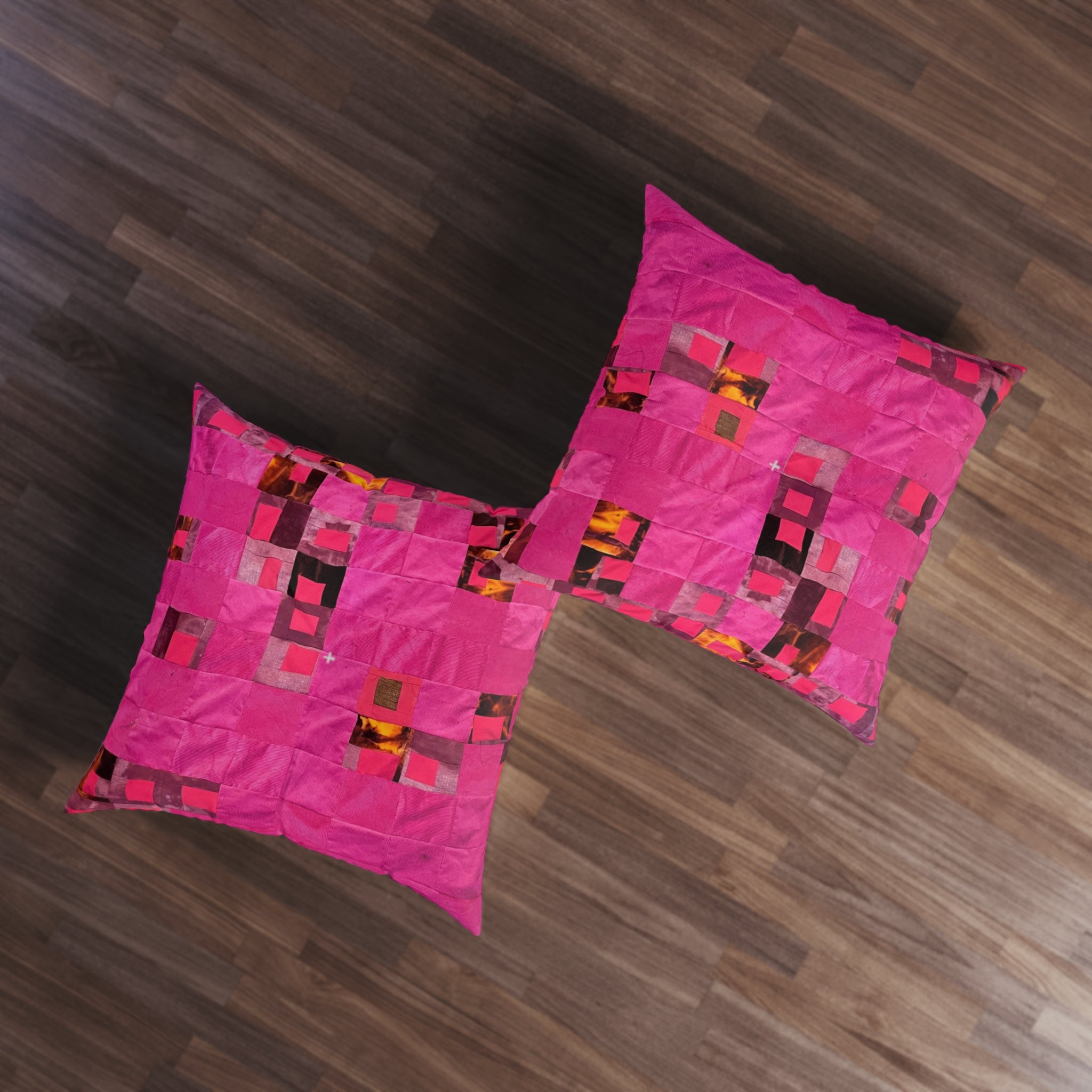 "Lela" Square Tufted Floor Pillow — Vibrant Pink Patchwork Accent Cushion