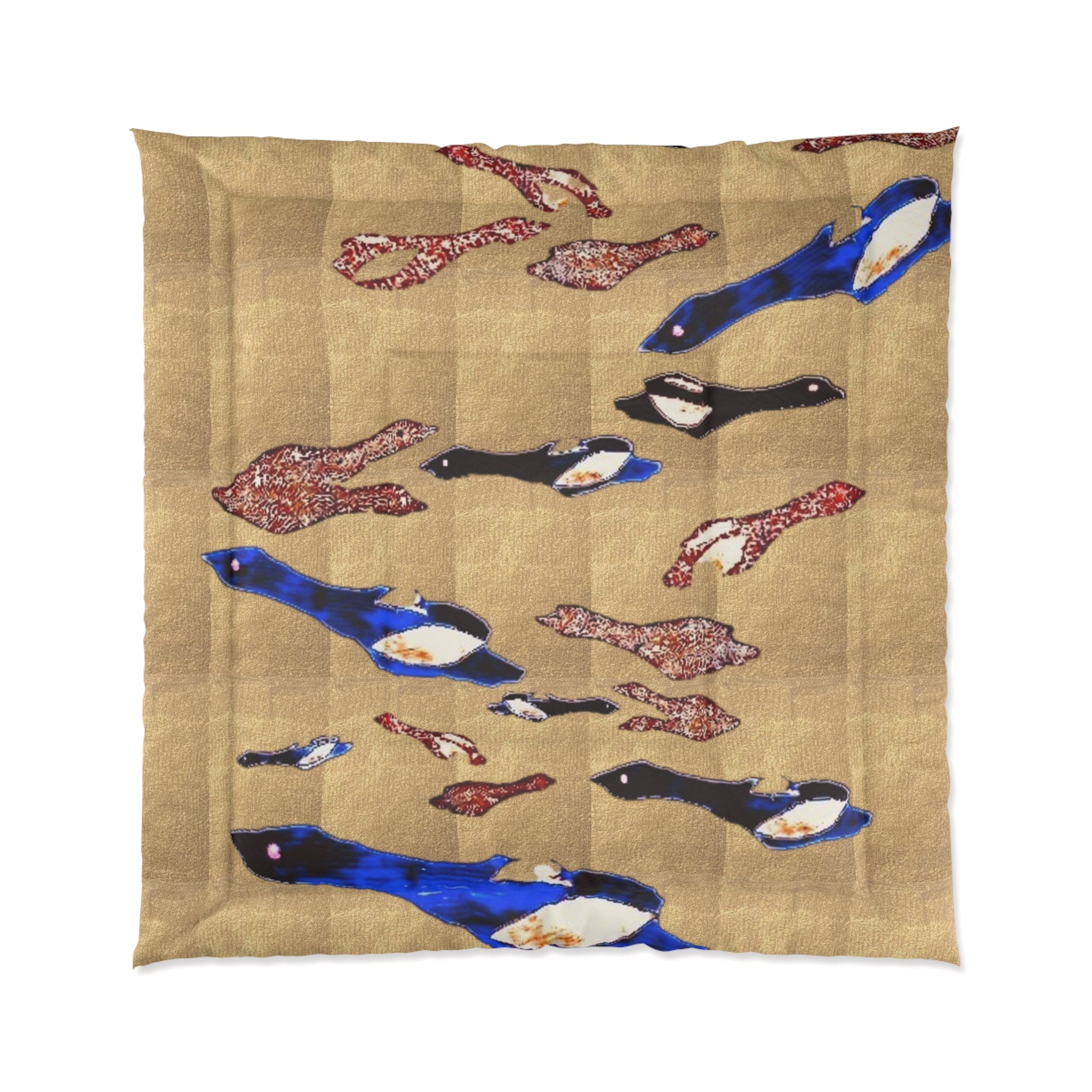 "Fly Me to the Moon" Bird Comforter – Beige Asian-Inspired Bedspread with Blue & Red Carp Pattern