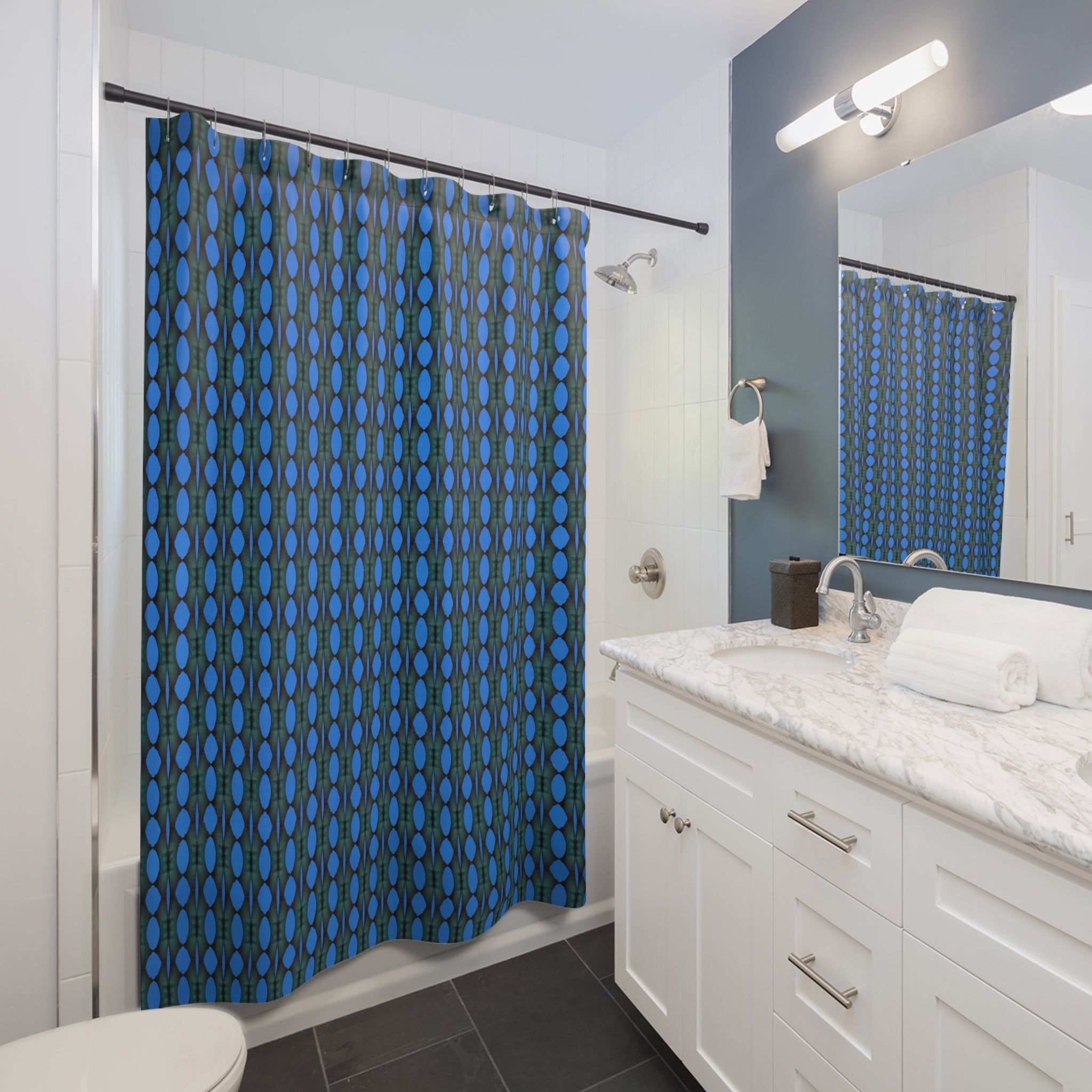 "Where Are We Going?" Blue Retro Dot Pattern Shower Curtain — Midcentury Modern Geometric Bathroom Decor